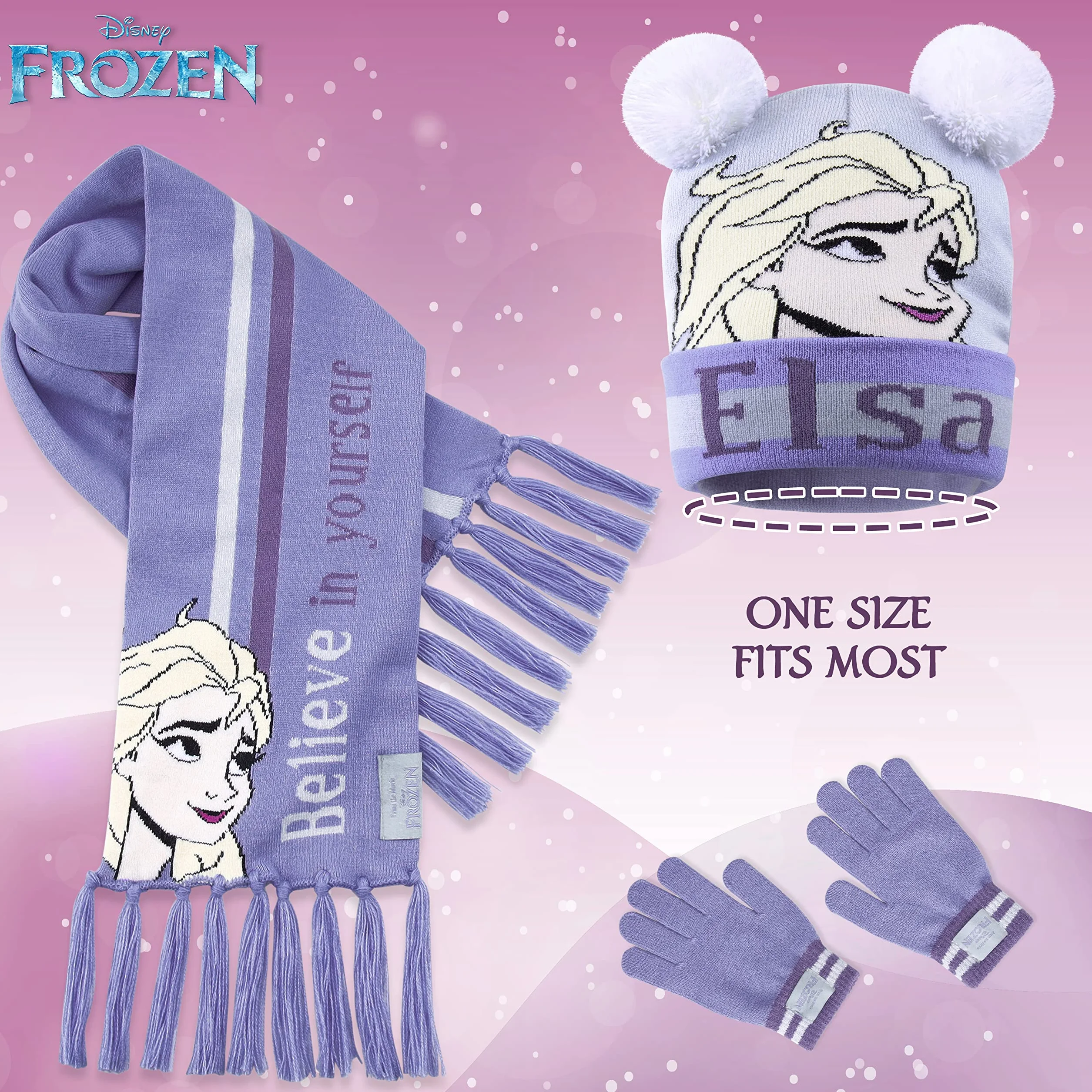 Disney Czapka beanie, szalik i rękawiczki, zestaw dla dzieci, Frozen Gifts dla dziewcząt, Fioletowy, Rozmiar uniwersalny