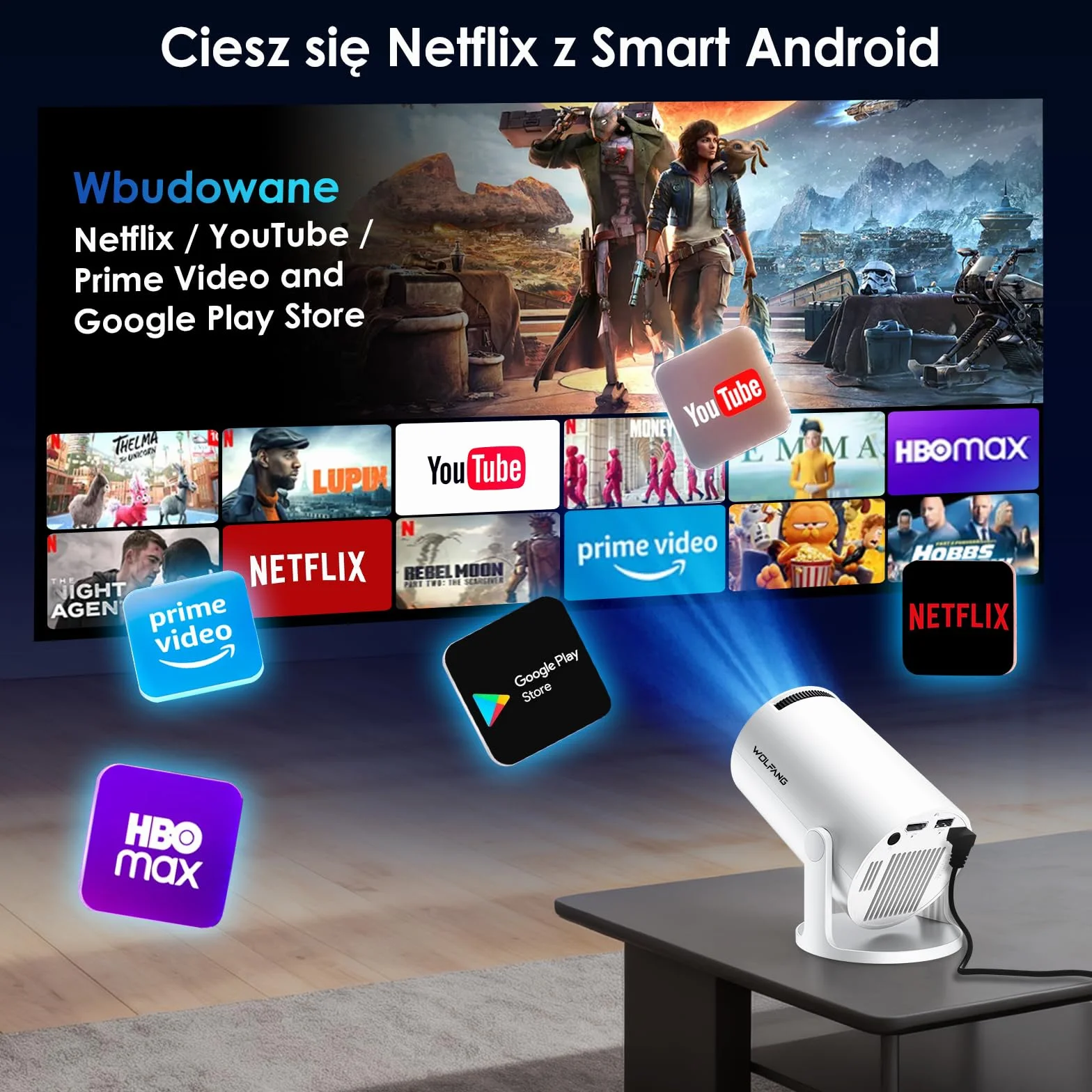 Wbudowane aplikacje i Android 11.0: przenośny projektor WOLFANG 20000 luksów 4K obsługiwany obrót o 180° i automatyczny keystone, kompatybilny z TV Stick/Windows/iOS/Android/HDMI/USB (1080P)