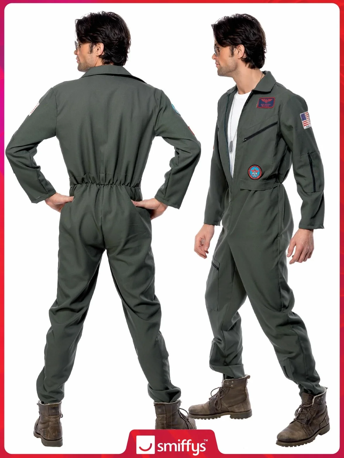 Smiffys 26287L męski kostium Top Gun, kombinezon, tabliczka z nazwiskiem i okulary przeciwsłoneczne, zielony, rozmiar: L, 36287