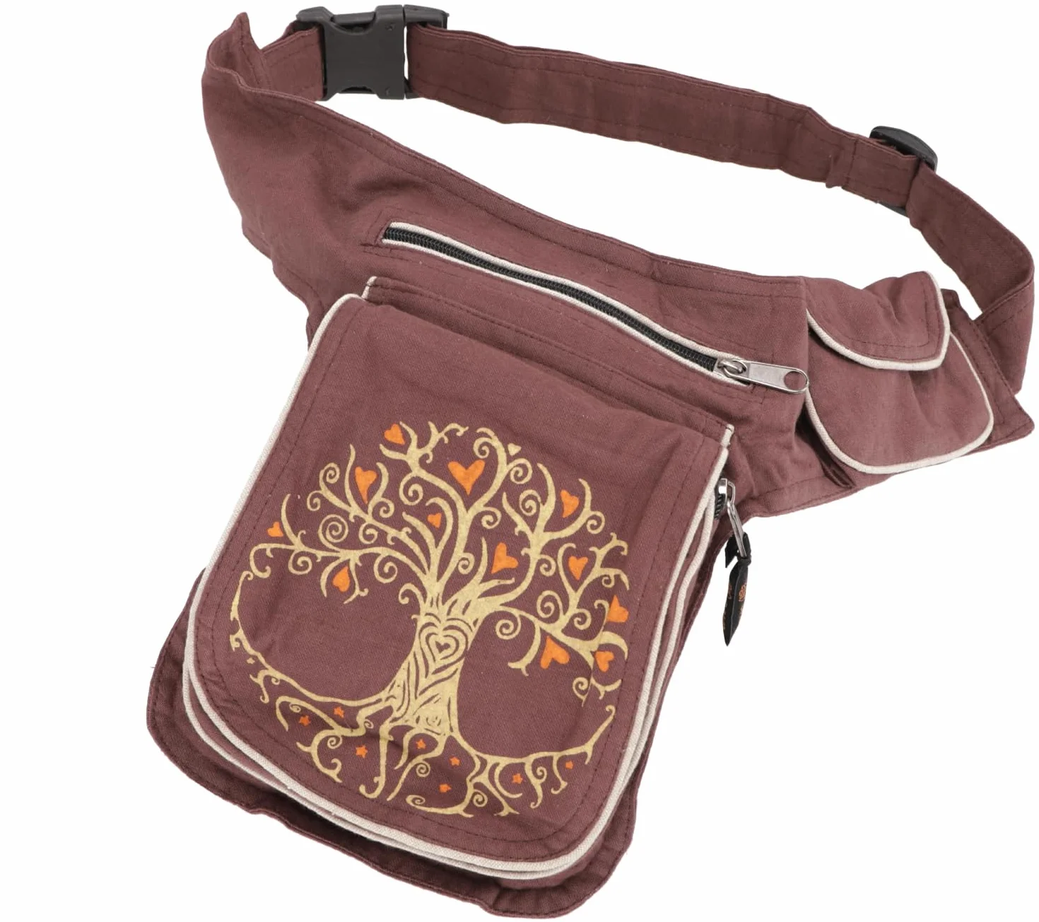 GURU SHOP Tkanina Sidebag & saszetka biodrowa, Goa saszetka na pasek, nerka z Nepalu - Tree of Life brązowa/beżowa, męska/damska, bawełna, 28 x 20 x 4 cm, festiwalowa saszetka nerka hippie, Tree Of