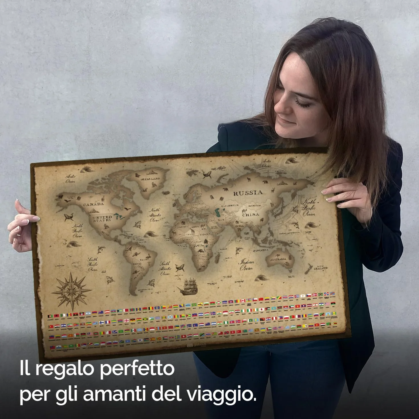 Giallobus - Mapa świata do zdrapywania - Mapa zdrapka - Papier powlekany - 68L x 43,5l cm - 02 - Mappa Explorer - Pomysły na prezent - zdrapywana mapa z flagami - srebrna