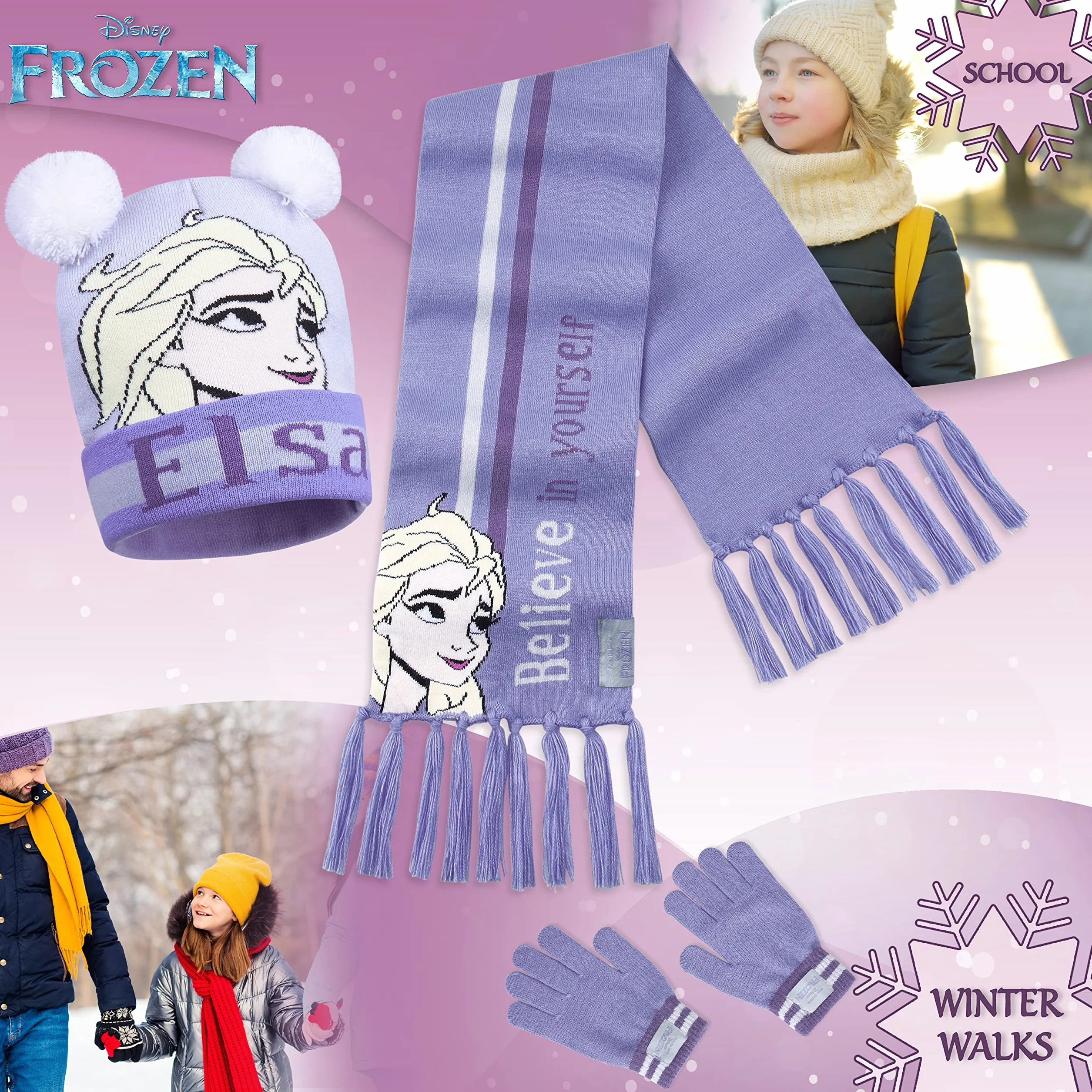 Disney Czapka beanie, szalik i rękawiczki, zestaw dla dzieci, Frozen Gifts dla dziewcząt, Fioletowy, Rozmiar uniwersalny