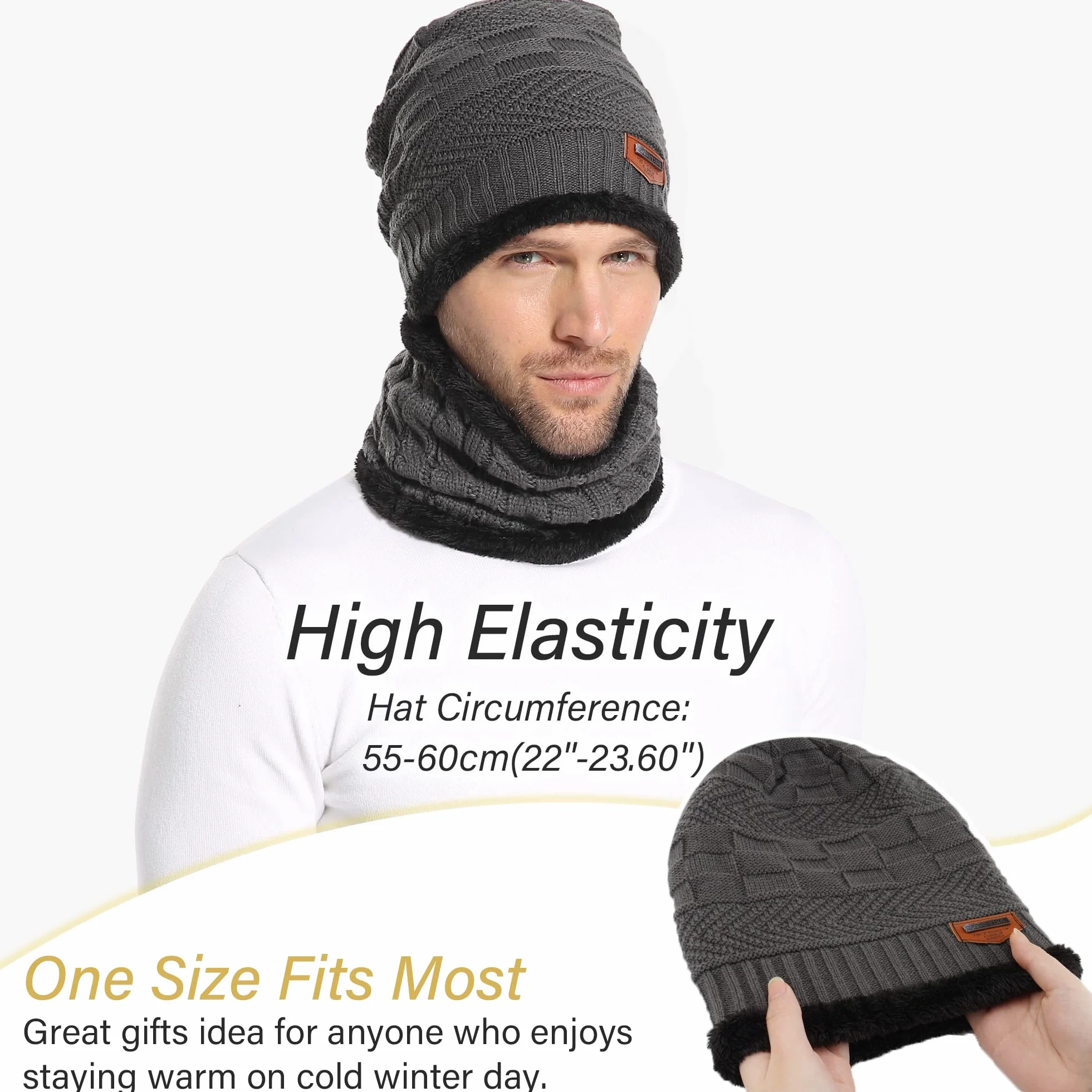 Bequemer Laden 2 sztuki zimowa czapka beanie, zestaw szalików, wełna, ciepła dzianinowa czapka, gruba podszewka z polaru, czapka zimowa i szalik dla mężczyzn i kobiet