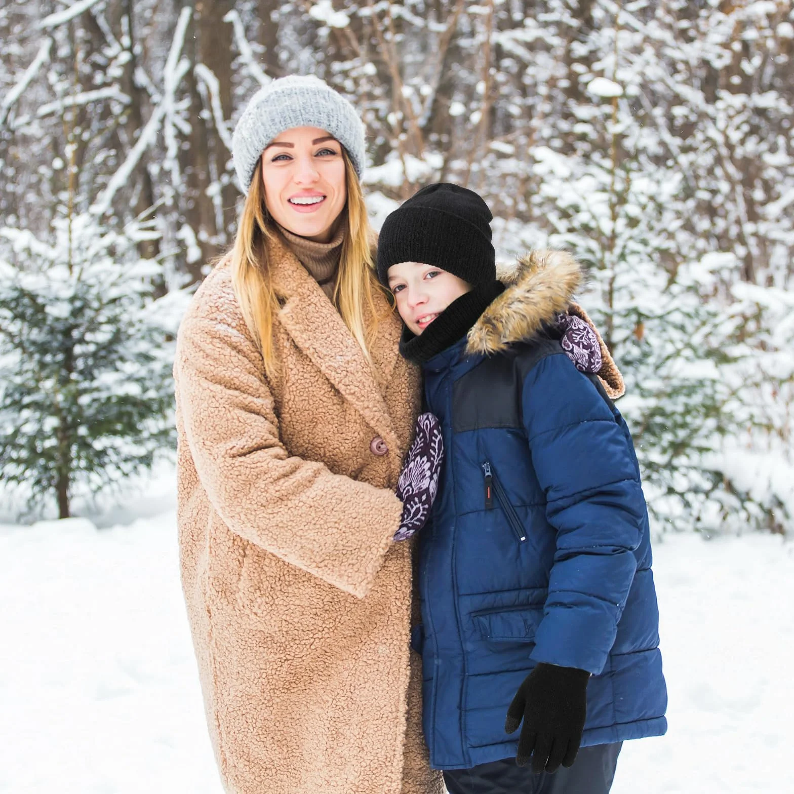 QKURT Dziecięca czapka beanie, szalik, rękawica, dziecięca zimowa czapka termiczna ocieplacz na szyję rękawiczki do ekranu dotykowego miękki ciepły kapelusz szalik rękawica kolorowa dla 5-10 lat