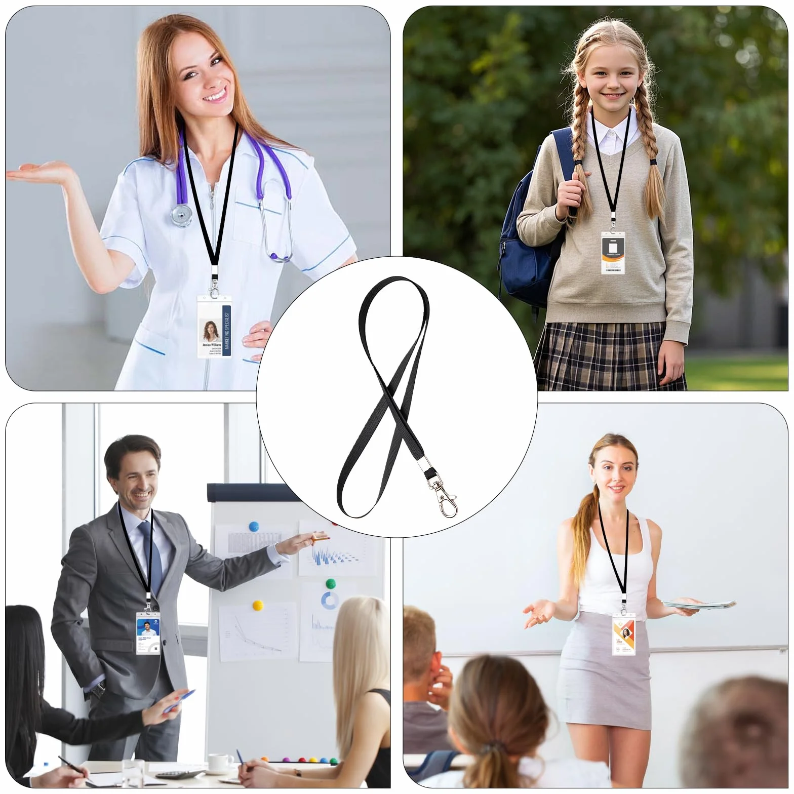 Smycz do kluczy, 100 sztuk, czarne, 46 cm, do zawieszenia, na dowód osobisty, z metalowym obrotem, na klucze, telefon komórkowy, portfel, uchwyt na dowód osobisty, USB, Pendrive