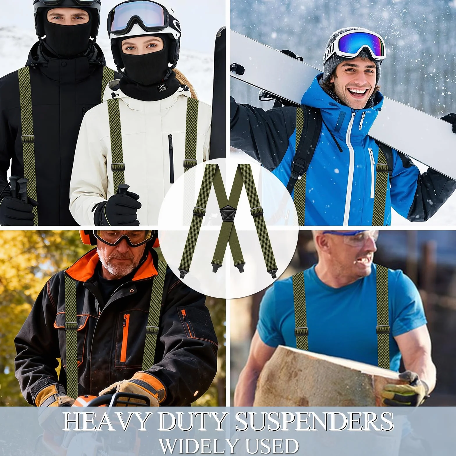 Suspenders for Men Heavy Duty 1,6 cala Wide Airport Friendly Hidden Suspenders with 4 Plastic Gripper Clasps Adjustable Elastic Braces for Casual Work X-Back ciemnozielone