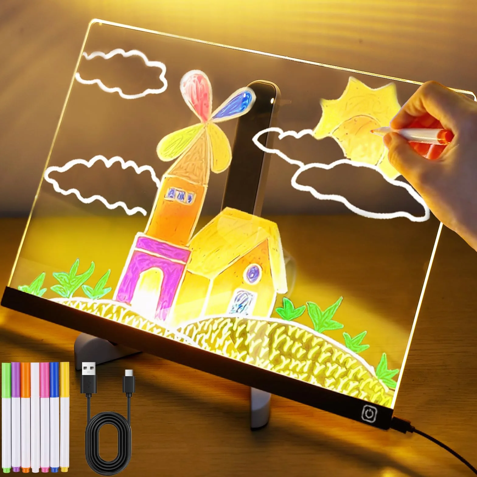 Tablica LED na notatki z kolorami: akrylowa tablica na notatki z 7 kolorowymi pisakami, 30 x 20 cm, świecąca tablica do rysowania, z regulowanym stojakiem, zmywalna