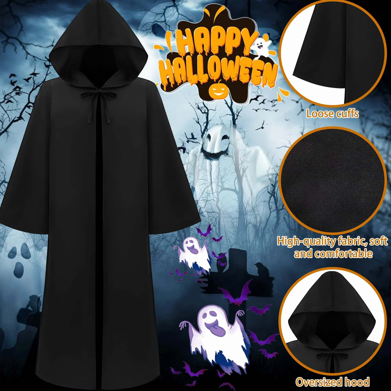 Kostium męski na Halloween – czarna peleryna z kapturem, długa peleryna z horroru dla dorosłych 175-185 cm, idealna jako kostium ghostface, kostium ponury lub peleryna wampira