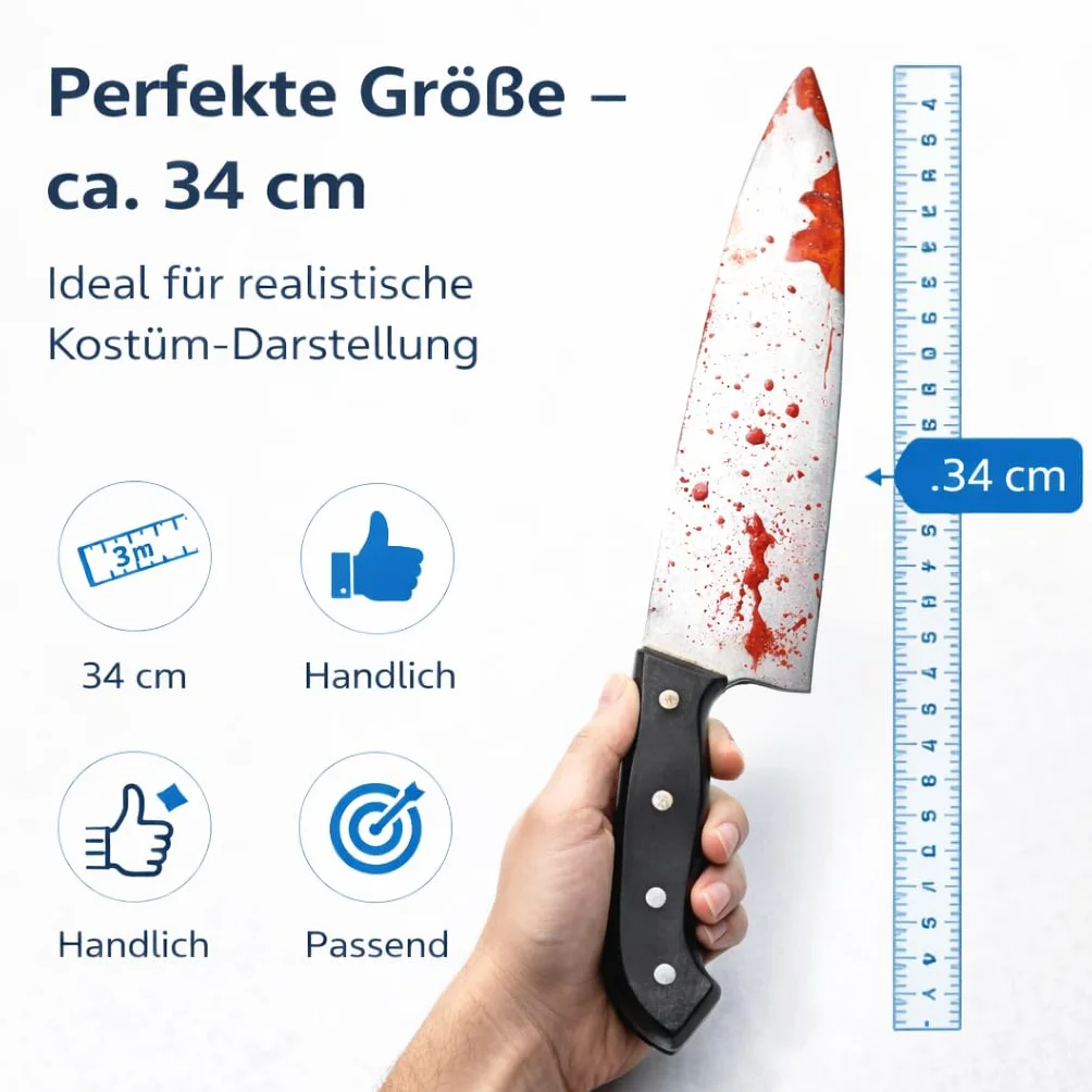 Fałszywy nóż ok. 34 cm akcesoria z krwią - na Halloween i karnawał - łudząco prawdziwy kostium z horroru