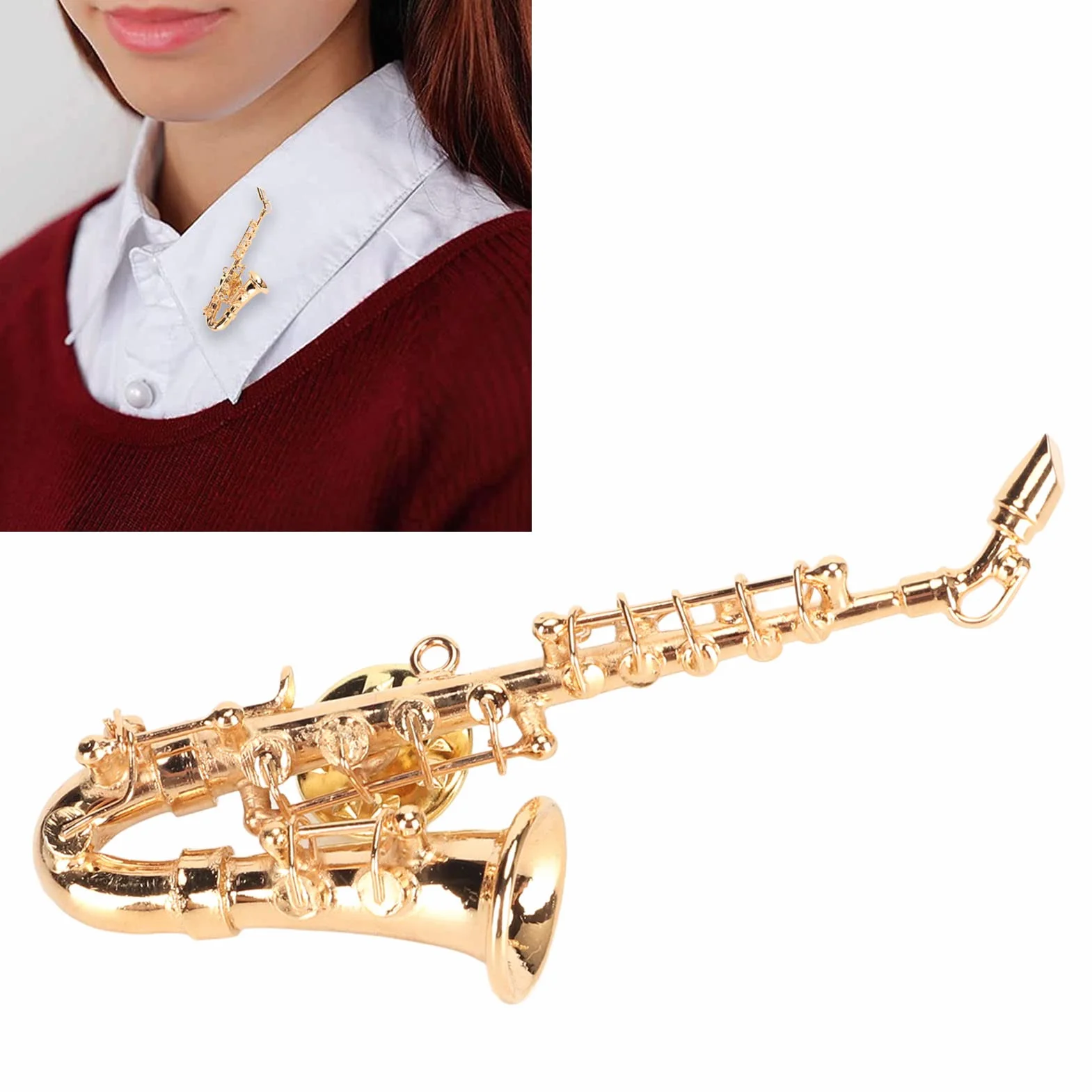 Focket Broszka na instrumencie muzycznym, 4 cm miniaturowa modna broszka na saksofon, przenośna mosiężna przypinka do klapy z czerwonym aksamitem podszyta na muzyczny,
