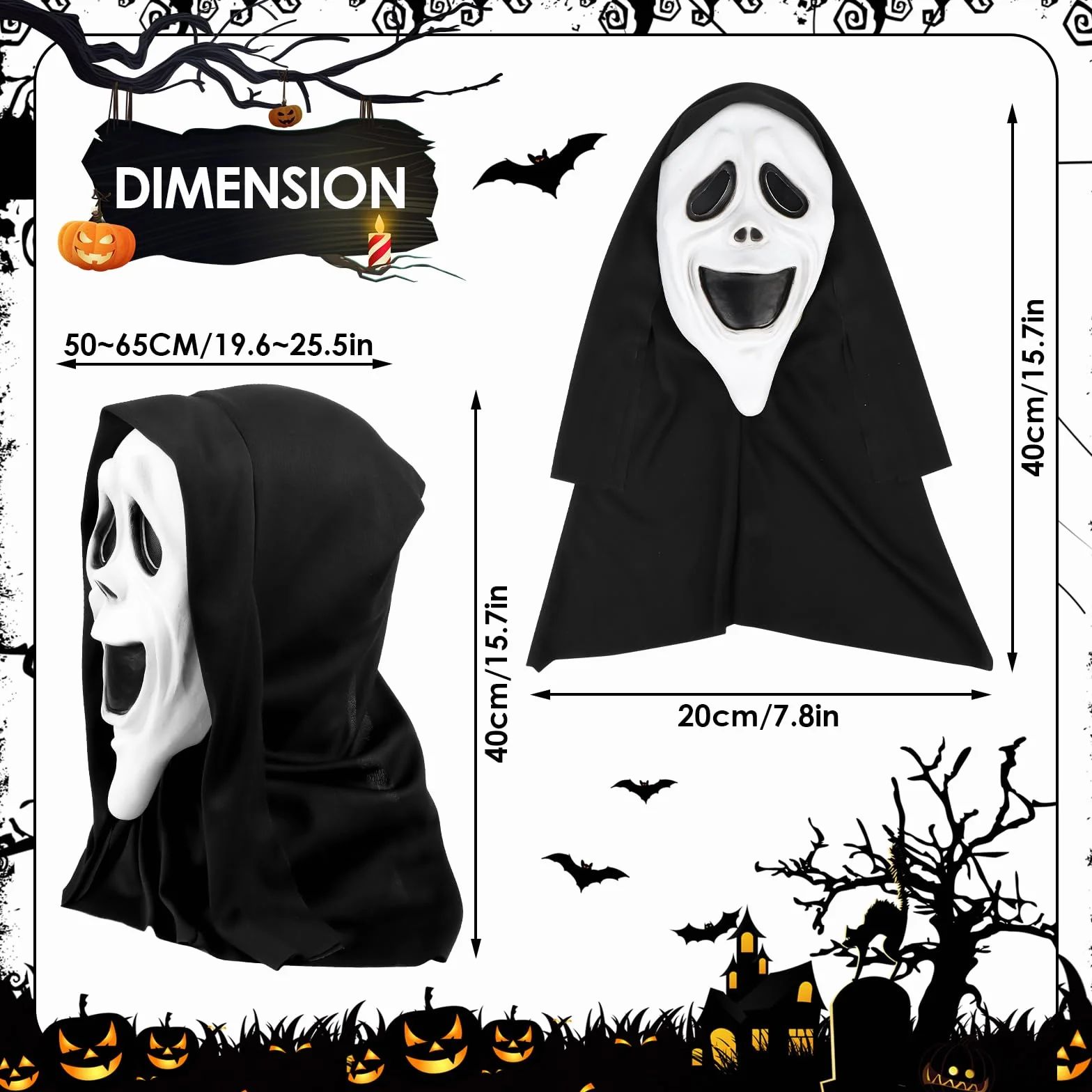 AKONE Ghostface maska na Halloween, horror, maska, krzyk, czaszka, maska na Halloween, imprezę, cosplay, maskarada, akcesoria kostiumowe, nadaje się na imprezy z horroru