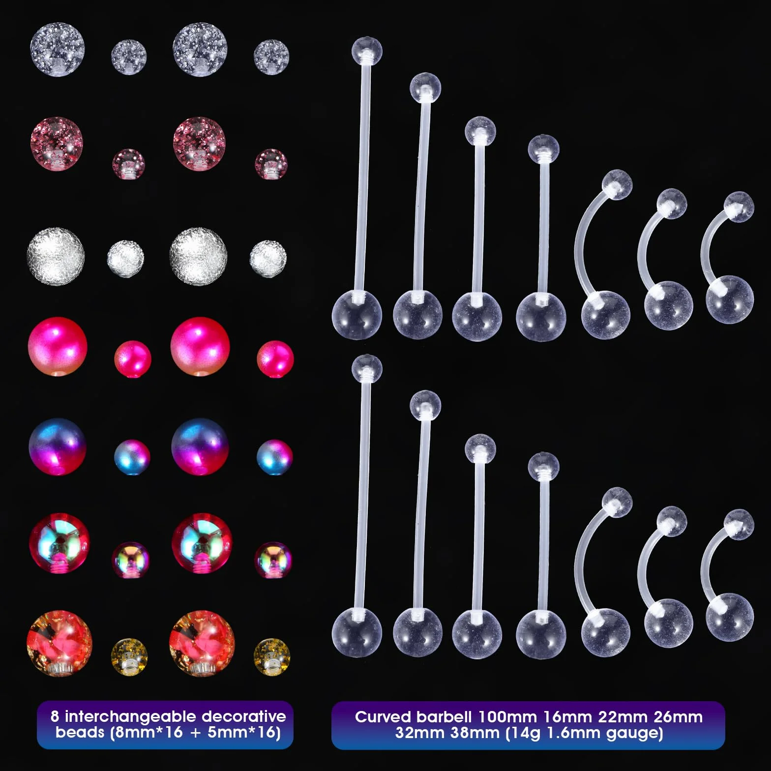 Lusofie Kolczyk do pępka dla kobiet w ciąży, 10-38 mm, z zamiennikiem do piercingu brzucha, kulki, tworzywo sztuczne PTFE, długi pręt do op, bioflex, długość pręcika