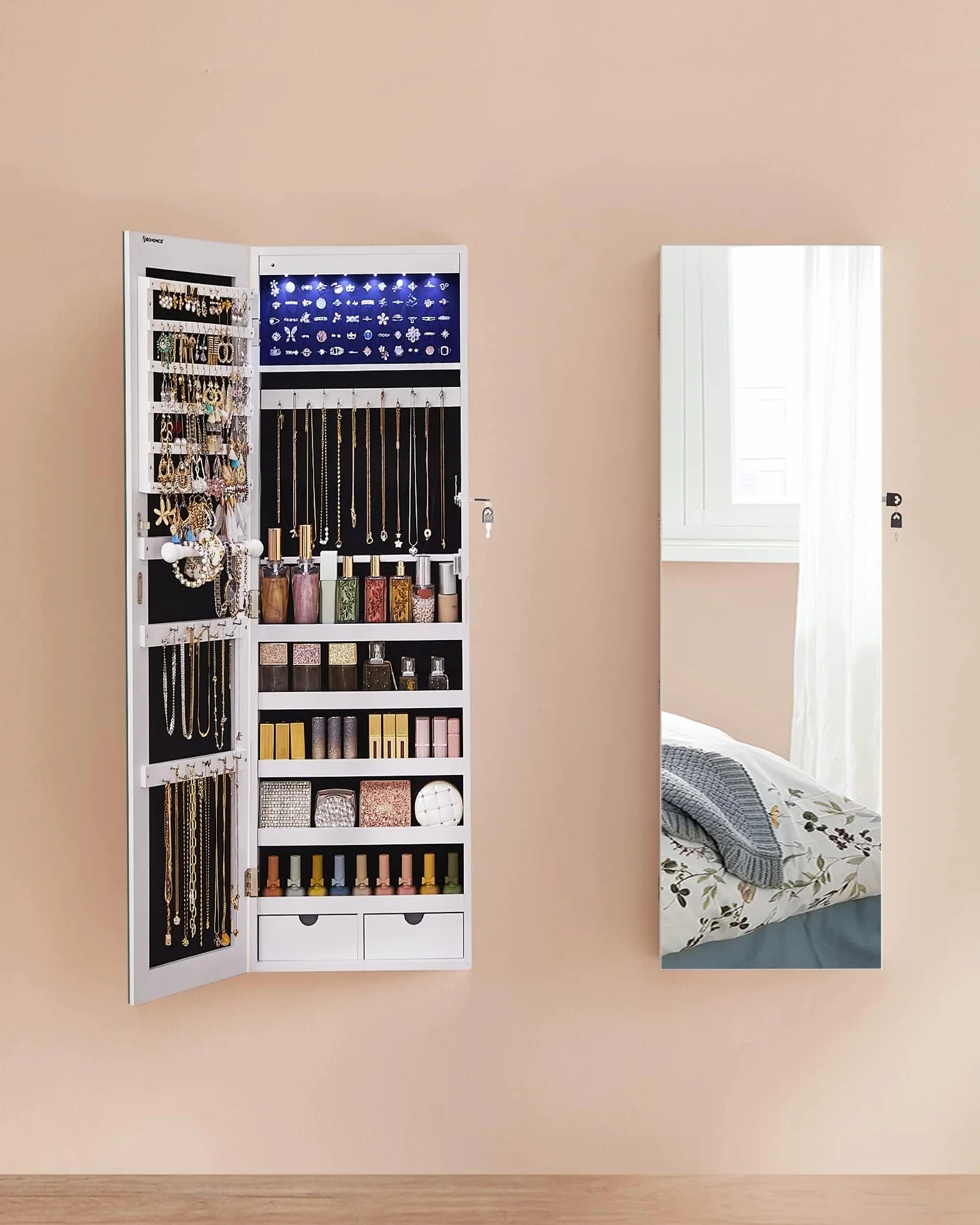 SONGMICS Szafka na biżuterię z długim lustrem, do przechowywania biżuterii z 6 lampami LED, do zawieszenia na drzwiach lub na ścianie, duża pojemność, 2 szuflady, biała JJC99WT