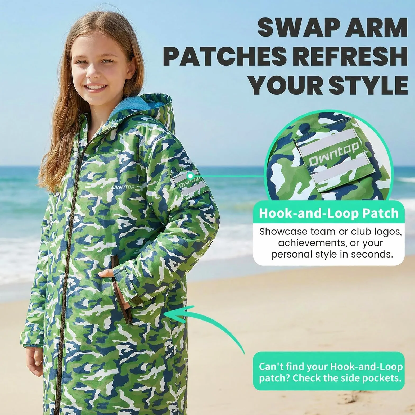 Owntop Parka do pływania dla dzieci i dorosłych, wodoodporna i podszewka sherpa, naszywka na ramię z rzepem, ponadwymiarowe, ponczo surfingowe z kapturem, szlafrok
