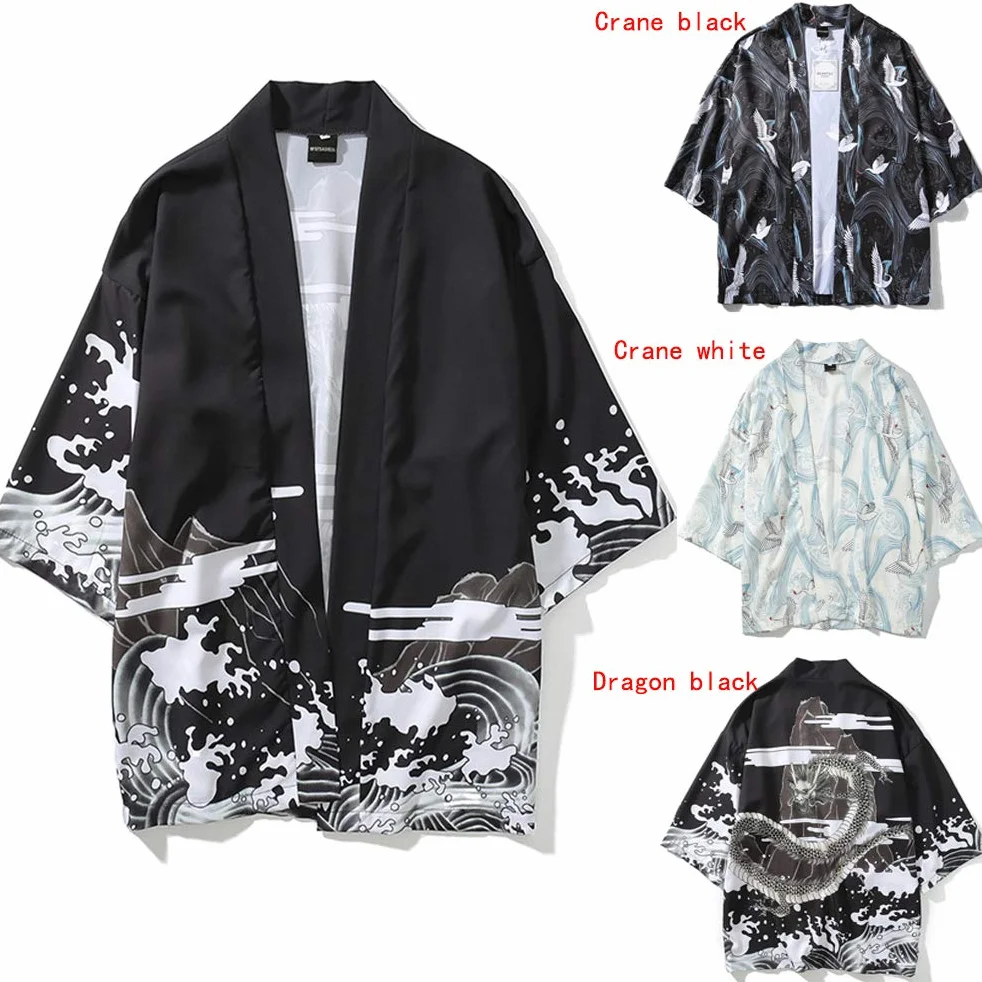 Męska kurtka kimono, neutralna retro wzorzysty wzór żurawia luźny rękaw bawełniana koszula top