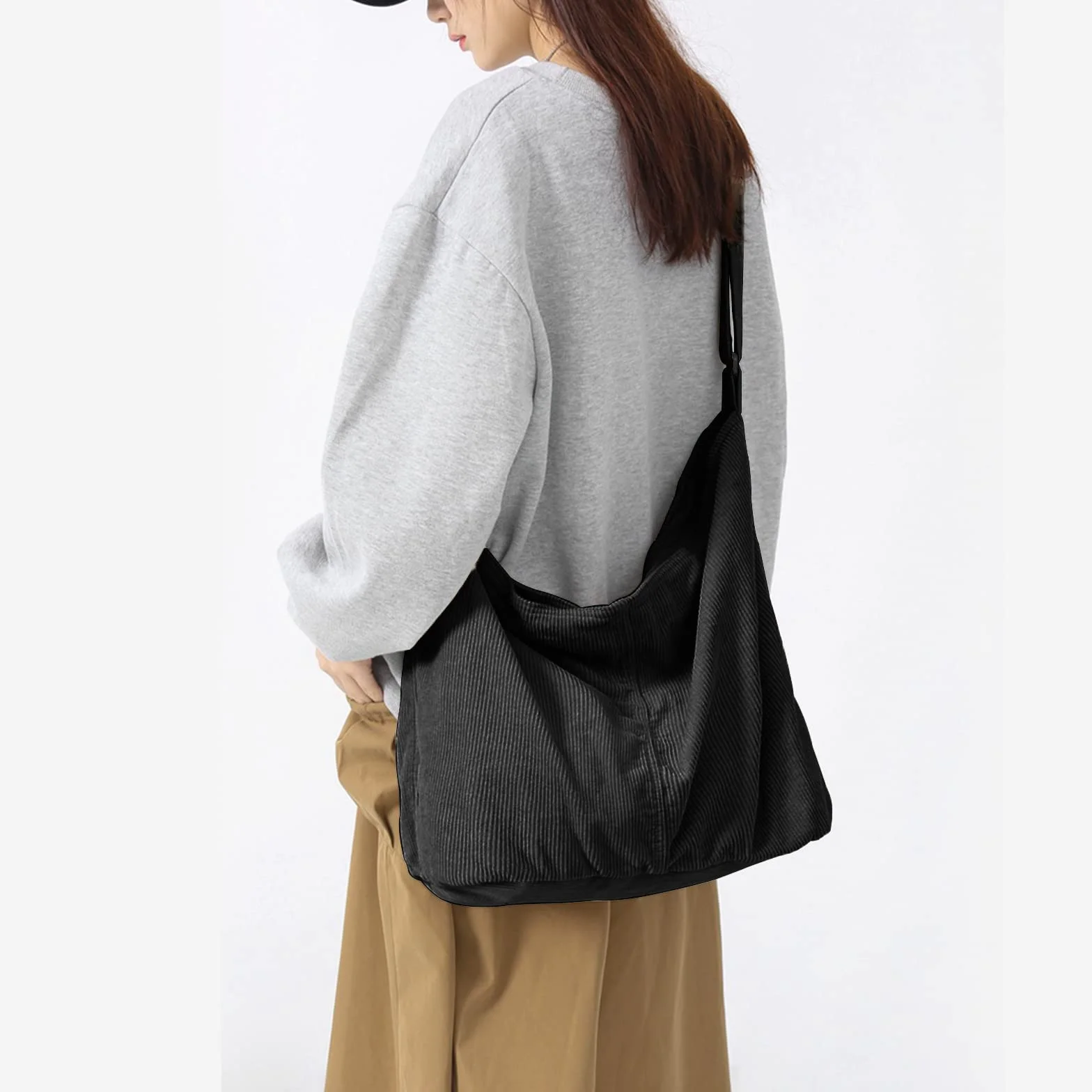 X SIM FITNESSX Unisex Cord torba na ramię duża damska torba na zakupy modna torba materiałowa na co dzień/do biura/szkoły/podróży, czarny, Retro