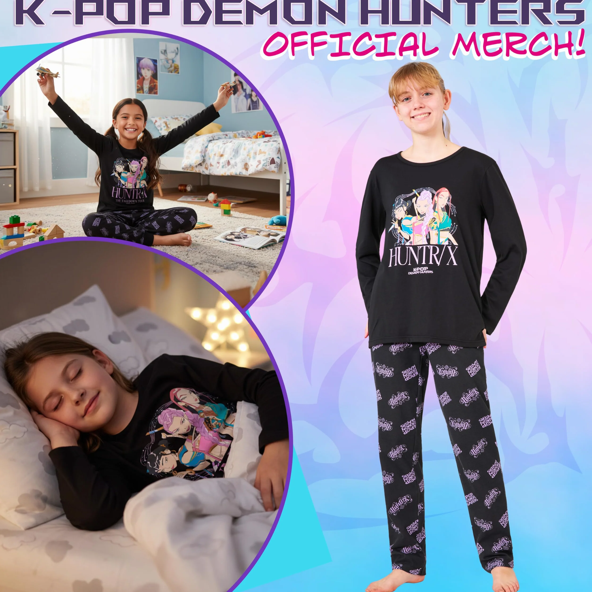 KPop Demon Hunters Oficjalna piżama dziewczęca i nastolatka 5-14 lat, miękki top i długie spodnie, kawaii pomysł na przytulny prezent dla dziewczyn