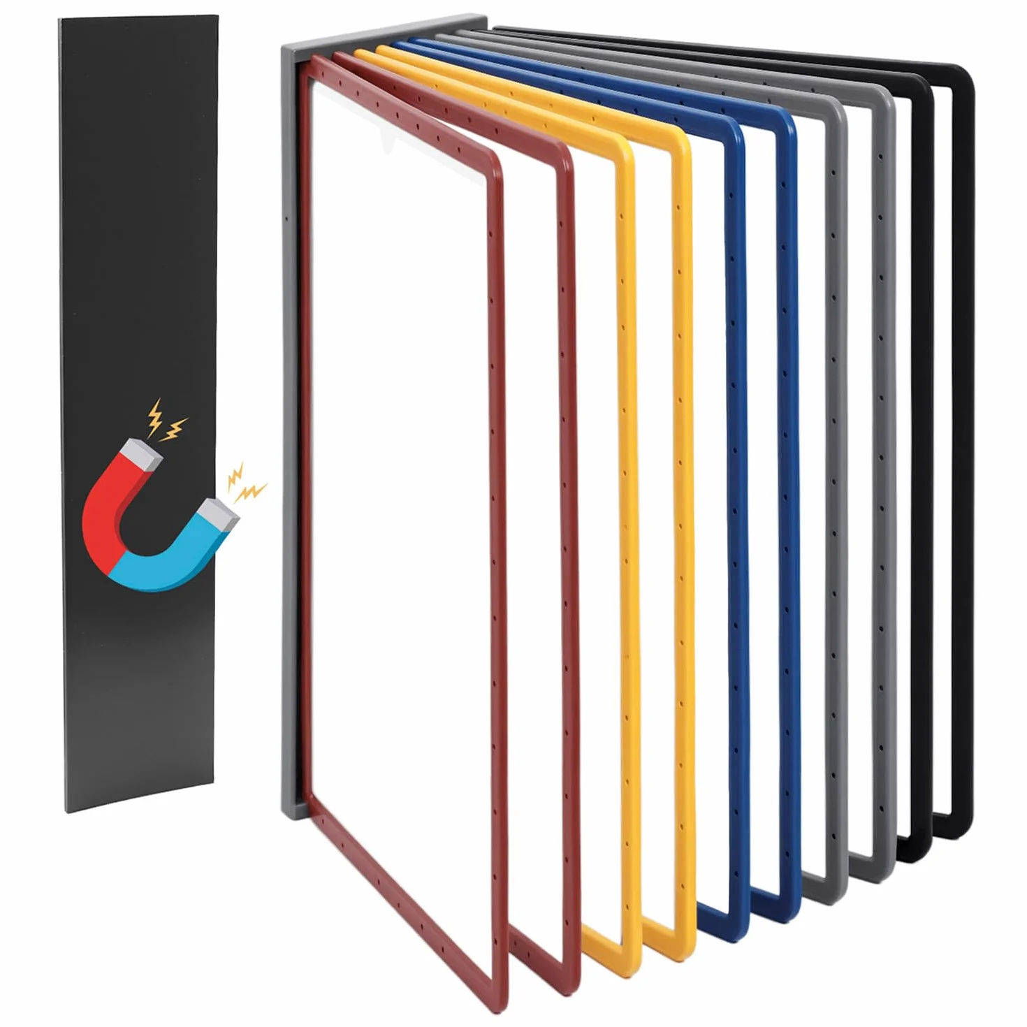 QWORK® Magnetyczny uchwyt na dokumenty A4, montowany na ścianie, 10 paneli w kolorze czarnym, z tablicą magnetyczną i śrubami