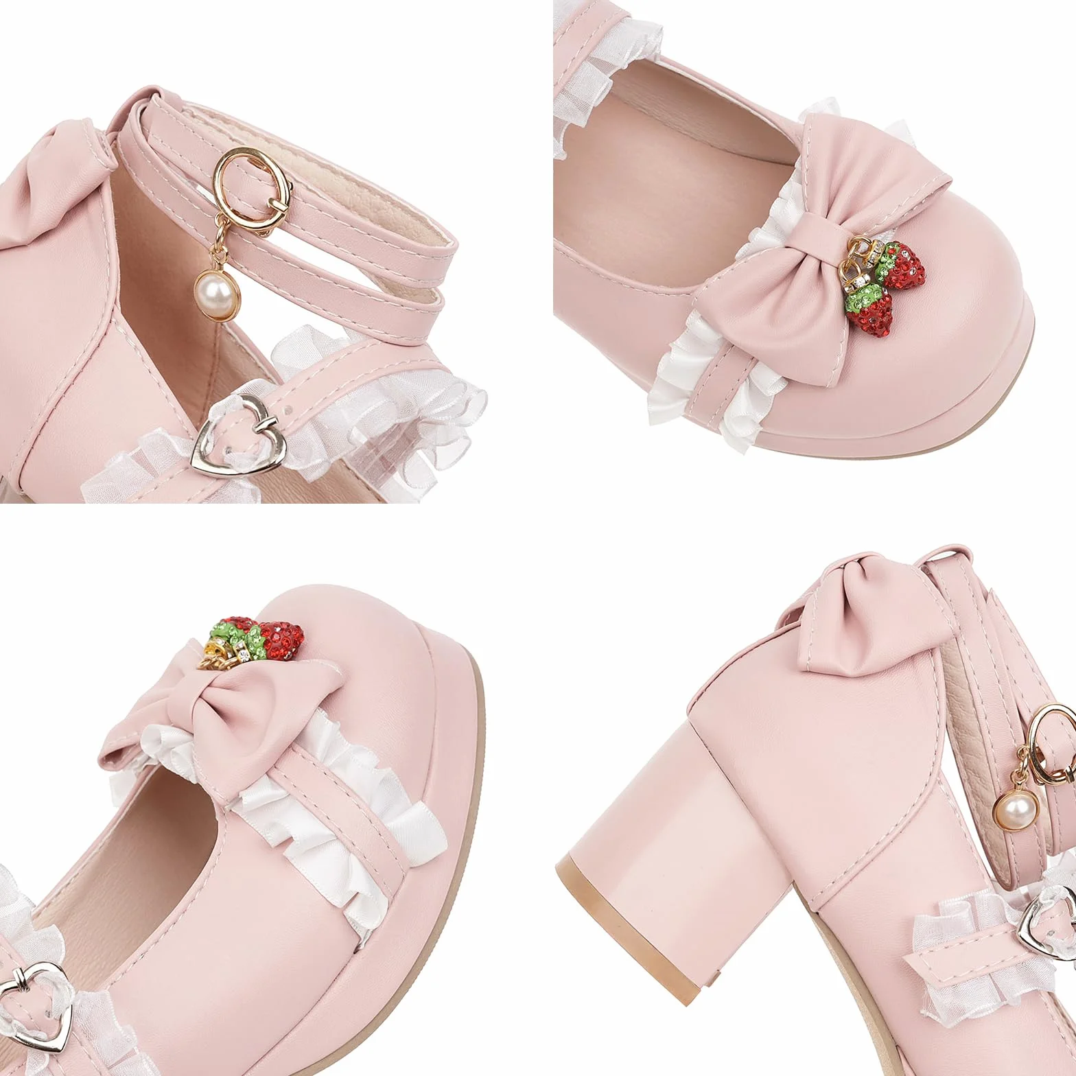 Buty Lolita Damskie Różowe Mary Jane Platforma Obcas Słupek Słodkie Buty Kawaii z Falbanką Kokardą i Truskawką Cosplay Party Czółenka Czarny