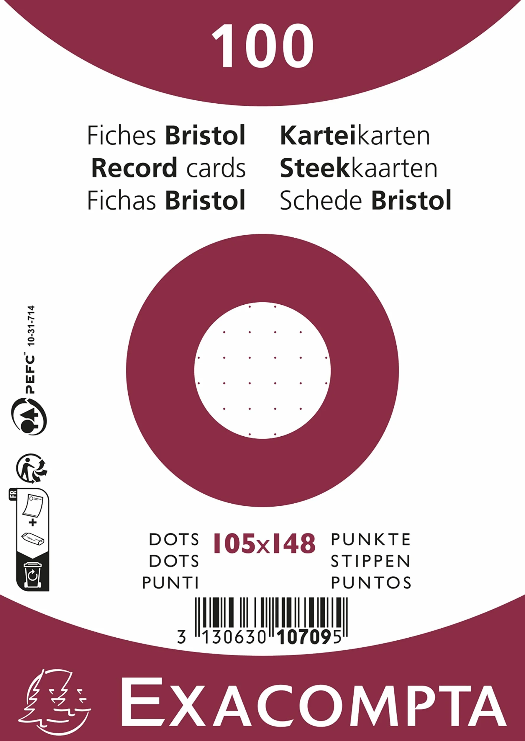 Exacompta 10709E opakowanie 100 kartek indeksowych w folii - brystol w kropki nieperforowany - 105 x 148 mm - certyfikat PEFC - kolor biały