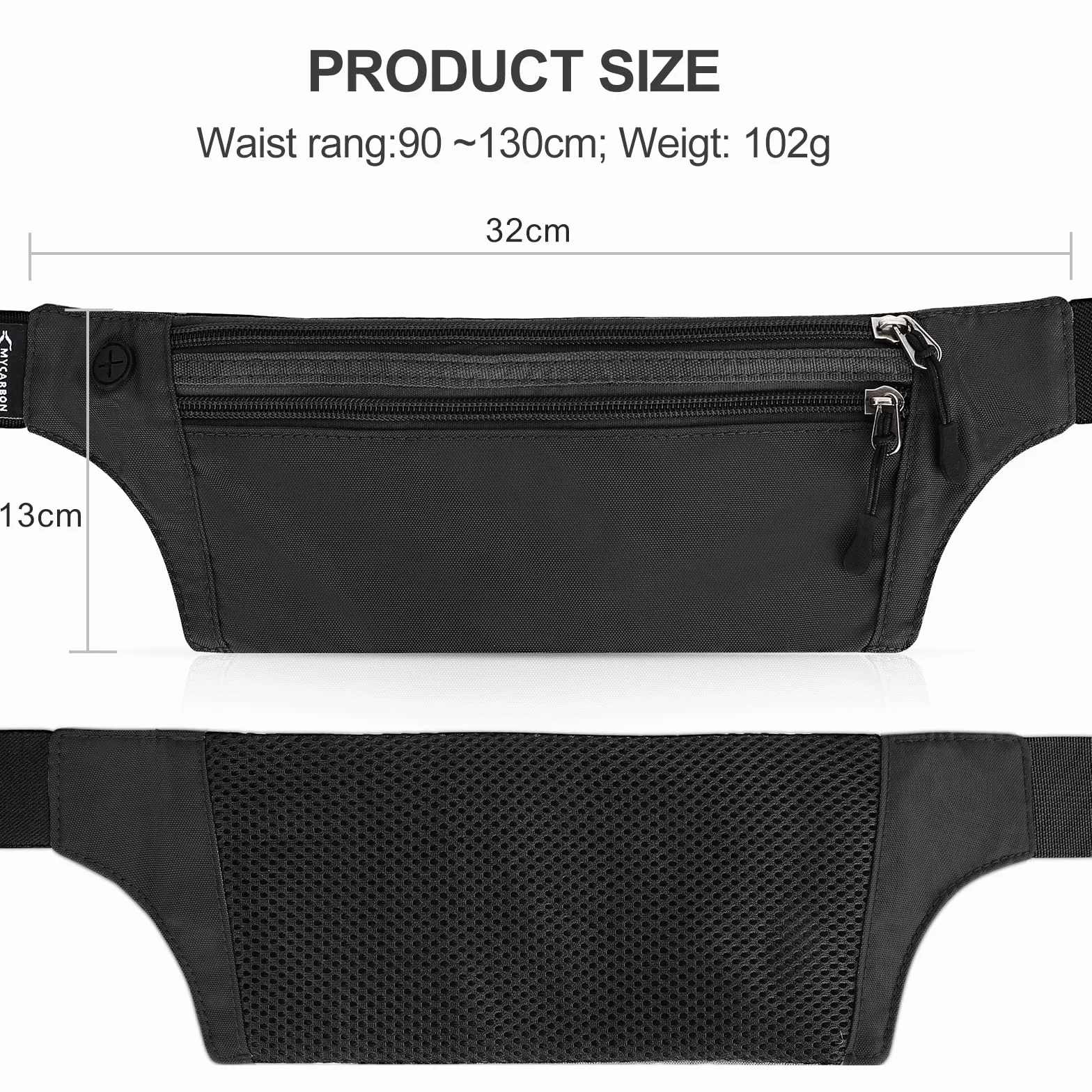 MYCARBON Saszetka biodrowa damska męska z RFID wodoodporna antykradzieżowa sportowa saszetka na pasek dwie kieszenie ze złączem do słuchawek torba do biegania w podróży rower bieganie, Czarny (Black