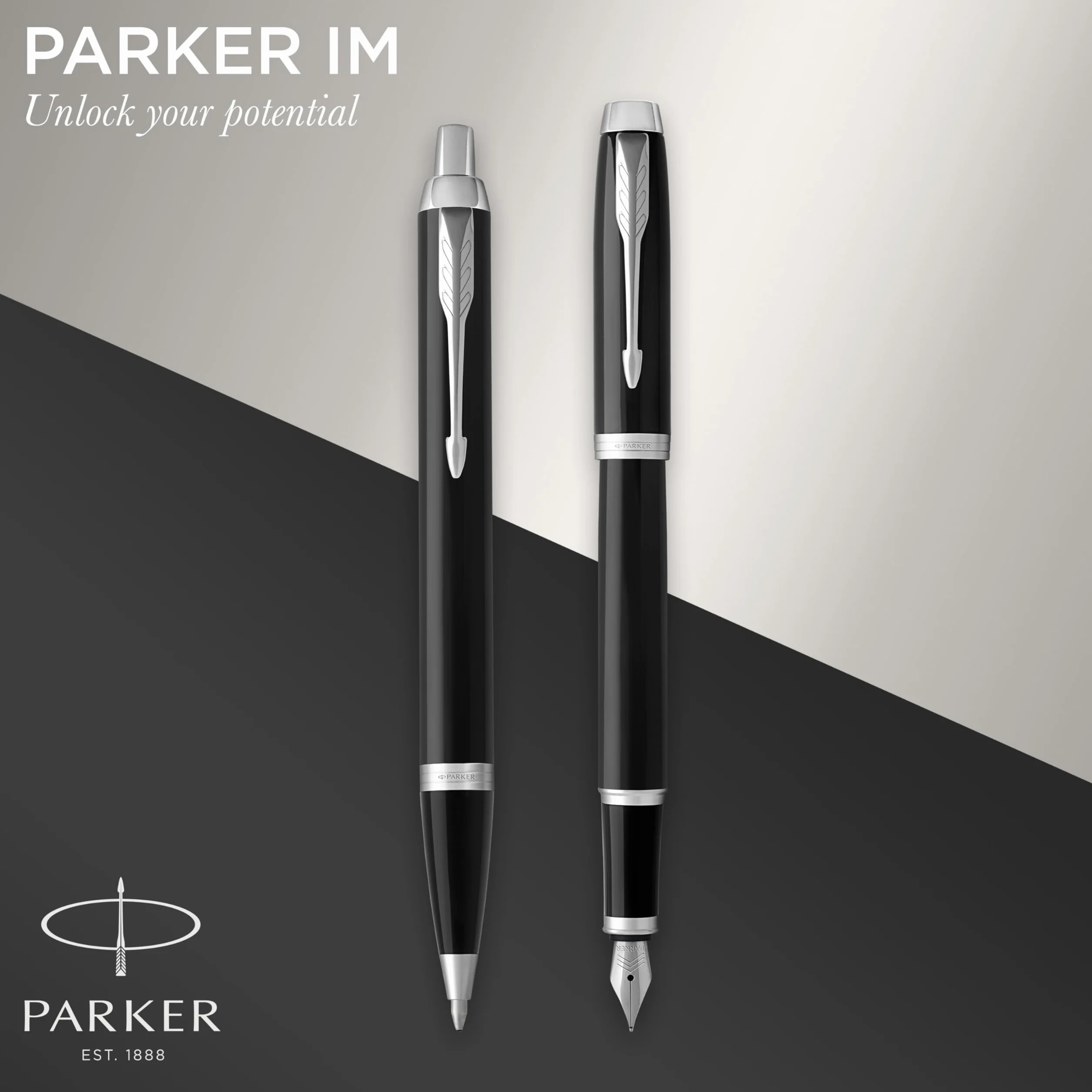 Zestaw upominkowy Parker IM Duo | pióro wieczne, długopis i etui | Pokryte czarnym lakierem z chromowanymi wykończeniami | Końcówka medium | Wkłady niebieskie | Idealny prezent dla absolwentów