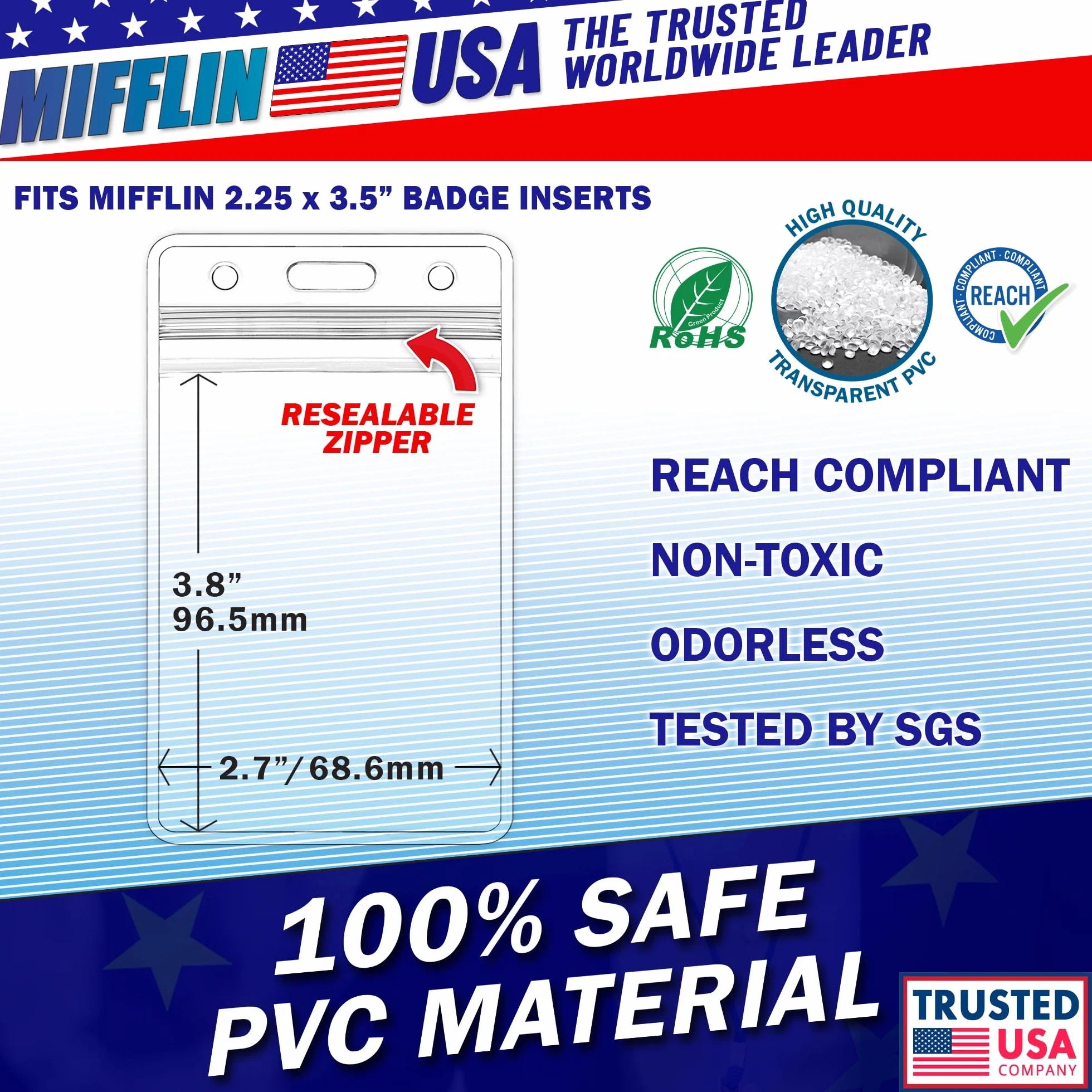 Mifflin Plastic Waterproof ID Badge Holders (Clear, 5,7x8,9 cm, 10 Pack) Vertical Hanging Name Card Holder with Zipper, Resealable Bulk