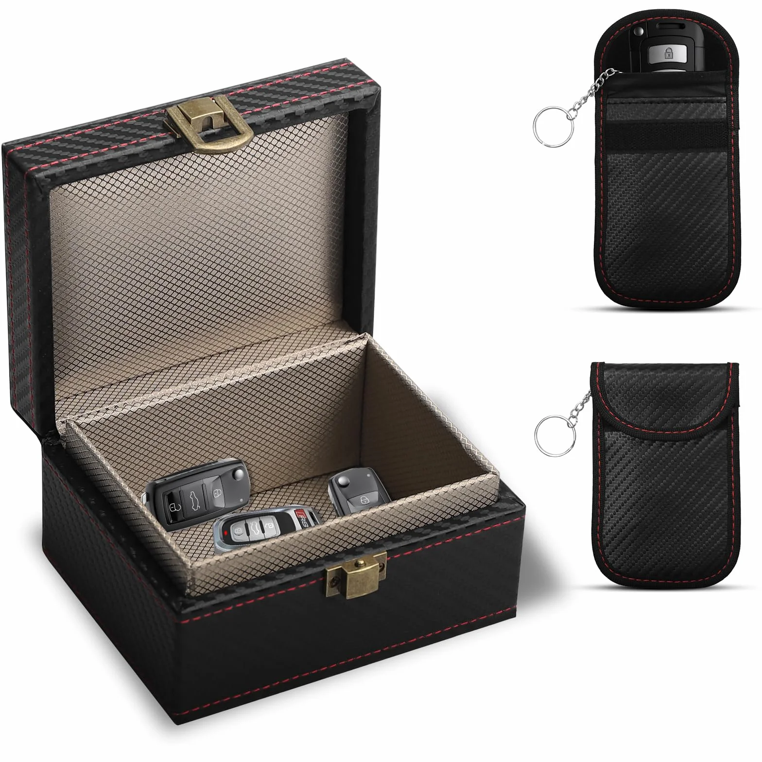 Faraday Box Keyless Go – Ochronne Etui na Kluczyki z 2 Torbami Signal-Blocker – Blokada RFID Ochrona przed kradzieżą i skanowaniem – Kompaktowa skrzynka 11,5×9,1×6,3 cm