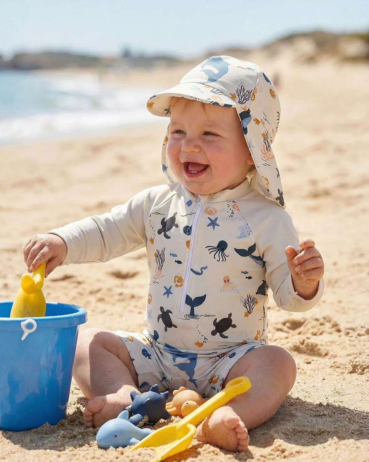 WYTbaby Jednoczęściowy kostium kąpielowy dla niemowląt, z długim rękawem, ochrona przed promieniowaniem UV, z kapeluszem przeciwsłonecznym