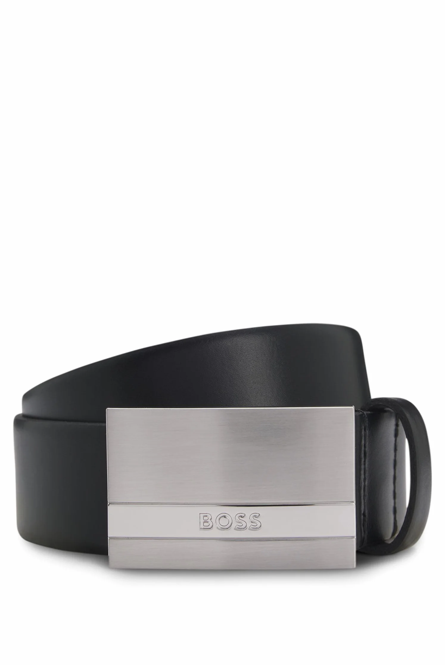 BOSS Męski pasek skórzany Baxton Sz35 z klamrą z logo, Czarny, 105