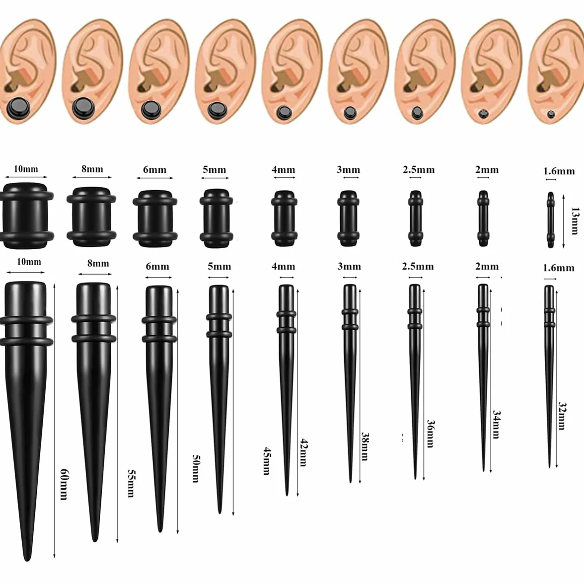 Huacan Zestaw rozpychaczy do uszu, 1,6-10 mm, akrylowe, rozpychacze, czarne, tapery, do piercingu, klasyczny, dla kobiet i mężczyzn, punk, 36 sztuk