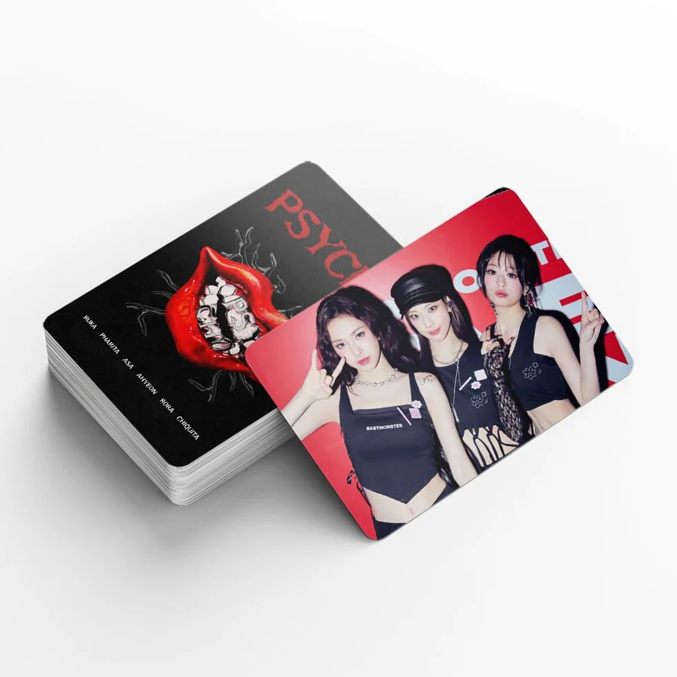 BABYMONSTER Fotokartki, 60 sztuk kart fotograficznych BabyMonster, 32 naklejki, karty nowego albumu BM PSYCHO, karty fotograficzne Baby Monster, niezbędne dla fanów (czerwone)