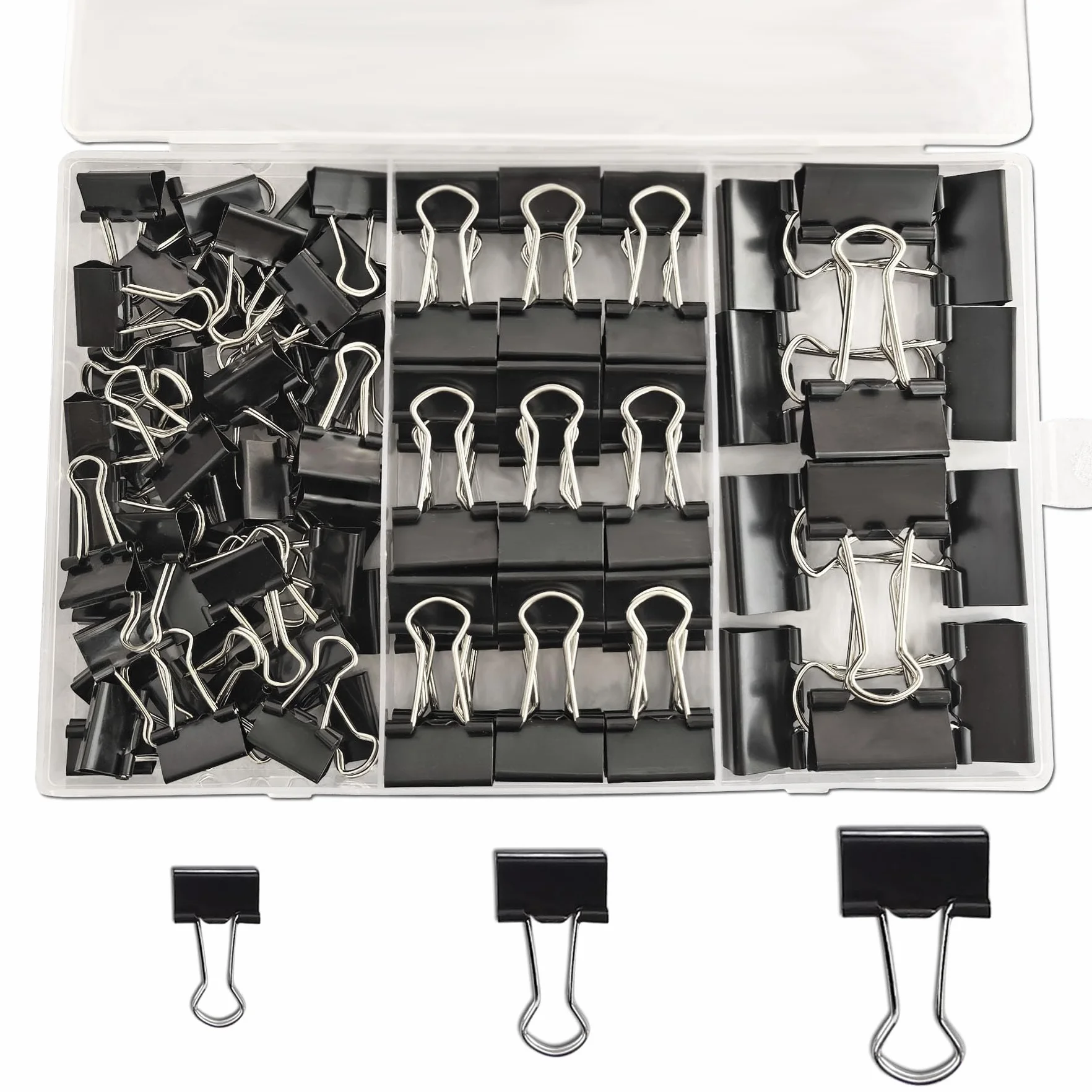 100 sztuk zszywek Foldback 15 mm 19 mm 25 mm czarne spinacze biurowe z pudełkiem do przechowywania