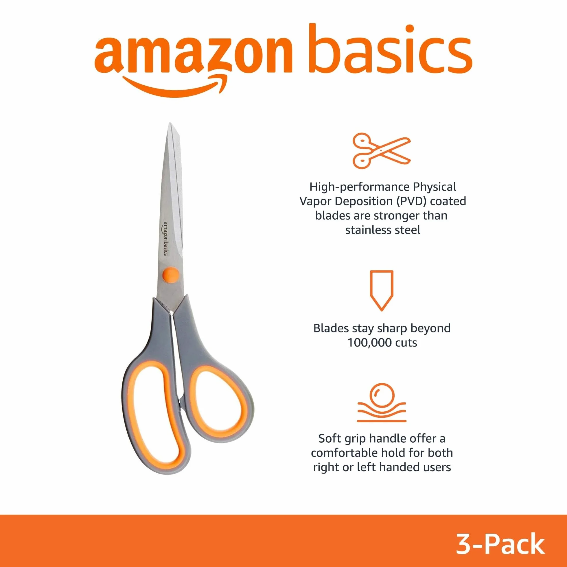 Amazon Basics Nożyczki wielofunkcyjne, biurowe, ze stali nierdzewnej, z wygodnym uchwytem, z powłoką PVD, opakowanie 3 sztuk, wielokolorowe