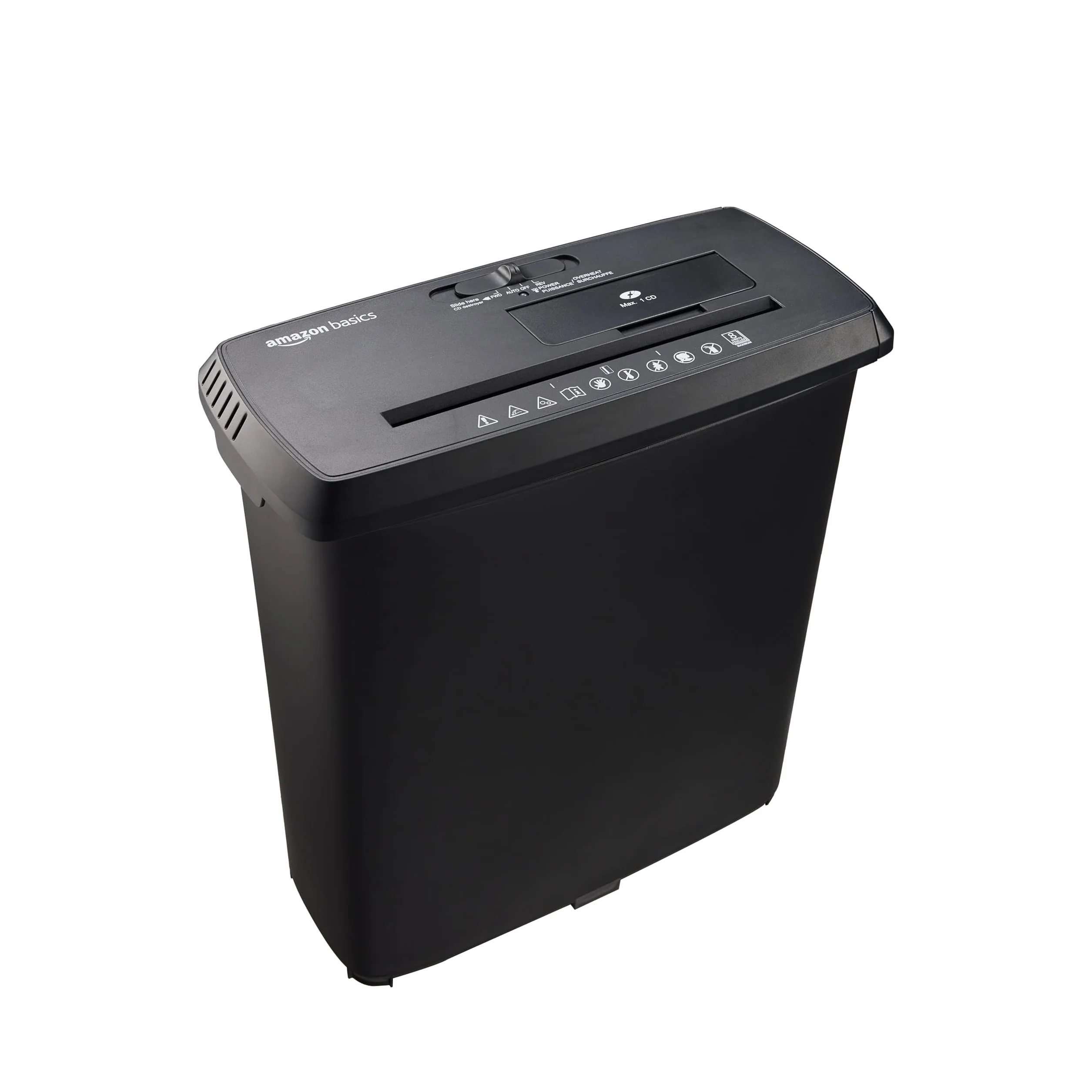 Amazon Basics Niszczarka dokumentów, ciecie w paski do 8 arkuszy, do papieru, płyt CD i kart kredytowych, czarna