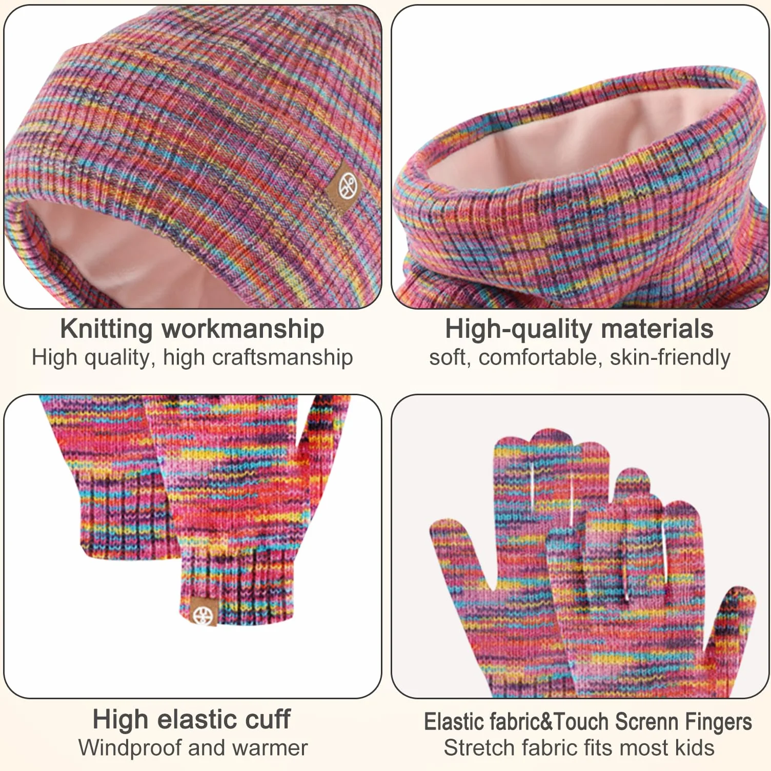 Zimowa czapka beanie, szalik, zestaw rękawiczek, dziecięca czapka zimowa, szalik, czapka, ciepła czapka beanie, dla chłopców z ekranem dotykowym, okrągły zestaw dla dzieci w wieku 5-12 lat