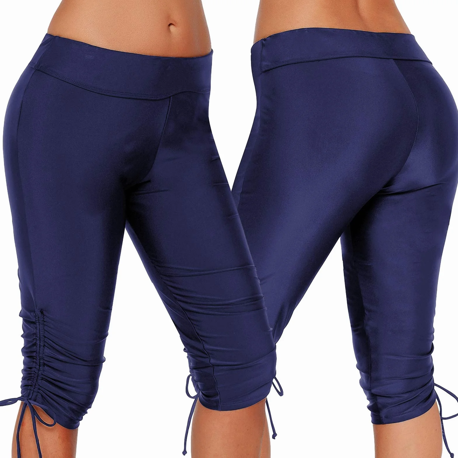 Damskie spodenki kąpielowe szybkoschnące spodenki sportowe z wysokim stanem jednokolorowe spodenki kąpielowe S-XXL, Niebieski, M