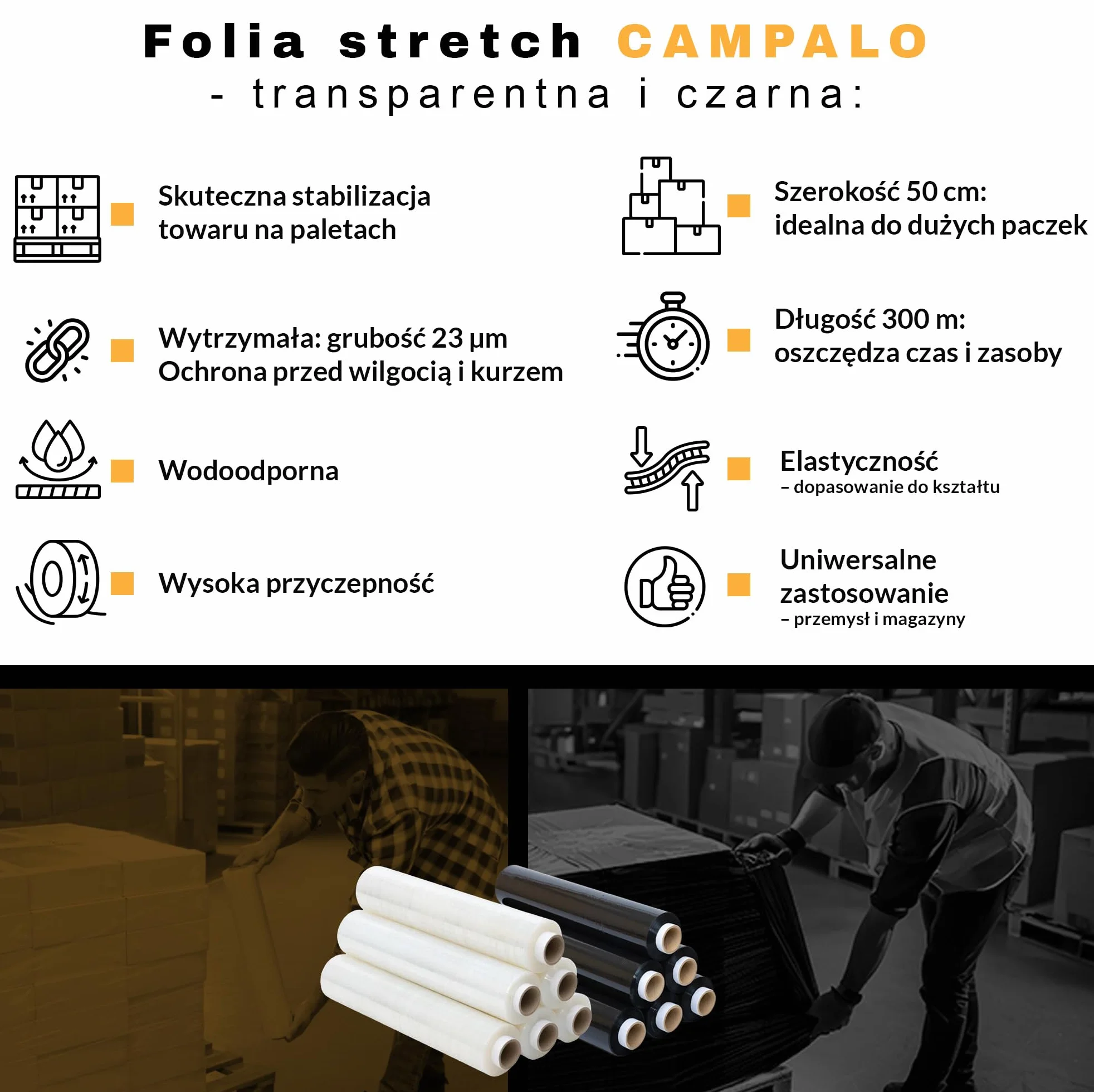 czarna folia stretch 50 cm x 300 m – do palet, pakowania, przeprowadzek, owijania palet, ochrony transportu, stabilizacji ładunku, magazynu i zastosowań przemysłowych