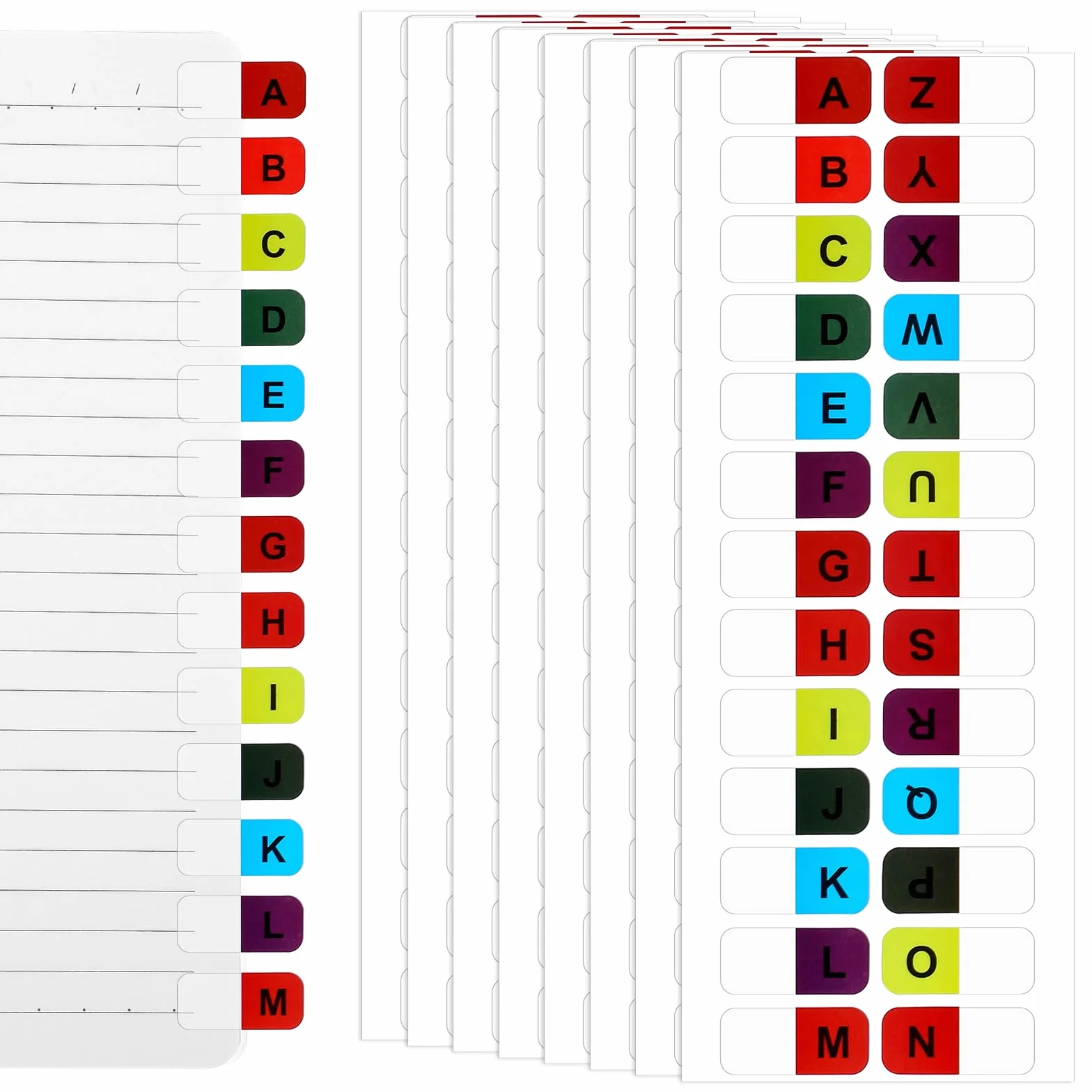 8 arkuszy A-Z Index Tabs Samoprzylepne zakładki z alfabetem, etykiety indeksujące, kolorowe, alfabetyczne markery do stron, do biura, dokumentów, książek, pamiętników, różnych książek