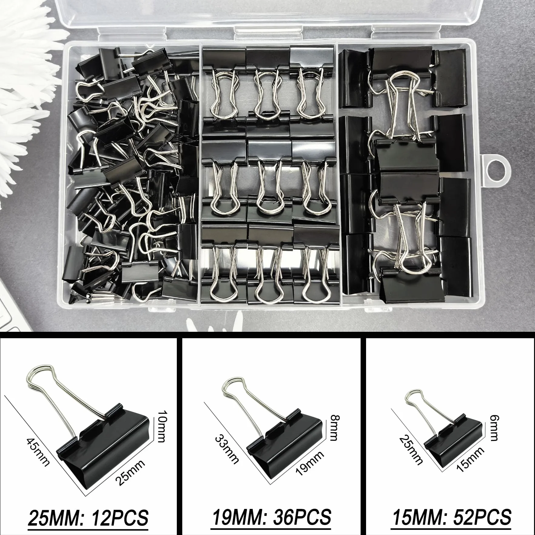 100 sztuk zszywek Foldback 15 mm 19 mm 25 mm czarne spinacze biurowe z pudełkiem do przechowywania