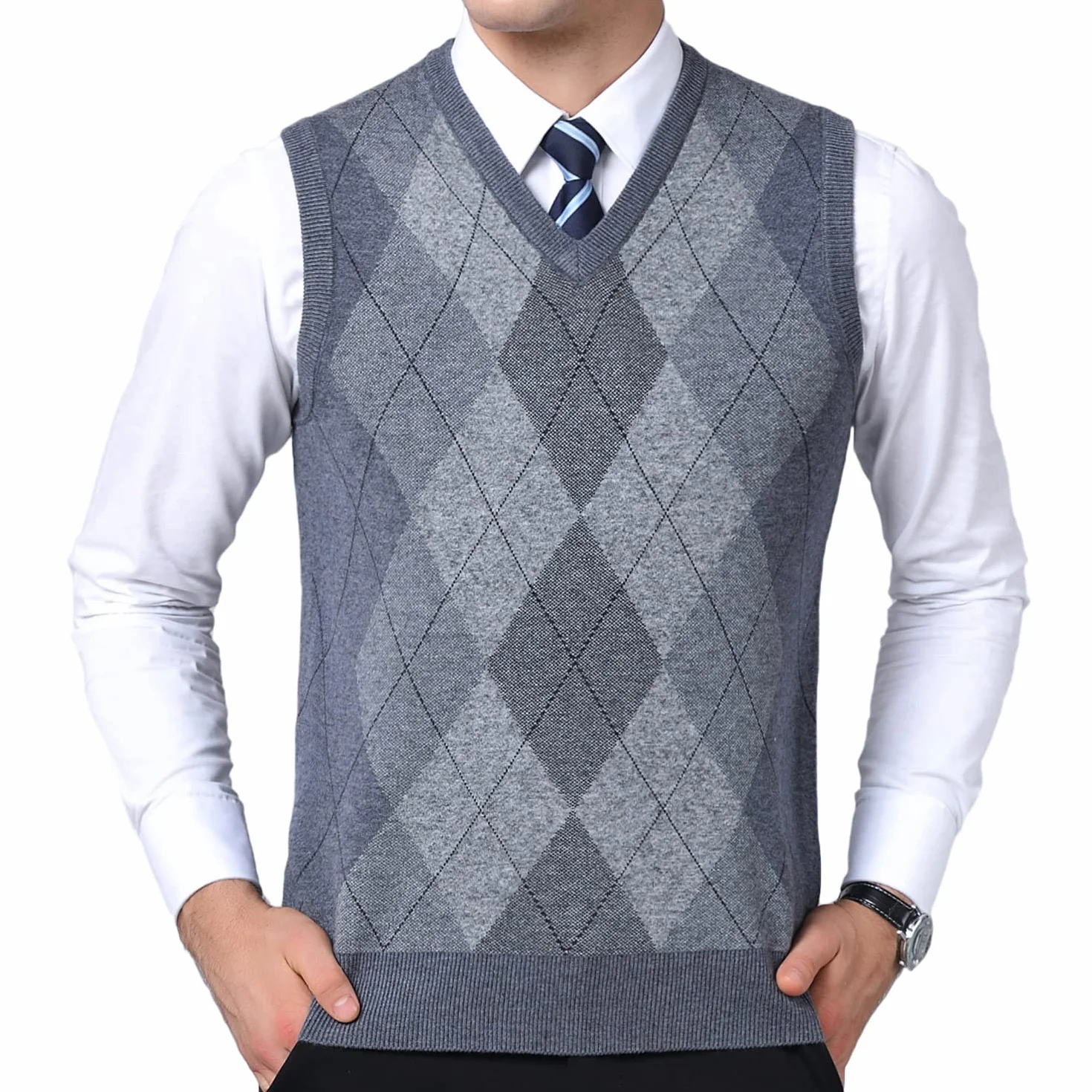 męskie dzianinowe bez rękawów bez rękawów Casual sweter z dekoltem w serek z dzianiny kamizelka sweter z argyle biznes dzianina kamizelka Gentleman Slipover jesienno-zimowy sweter