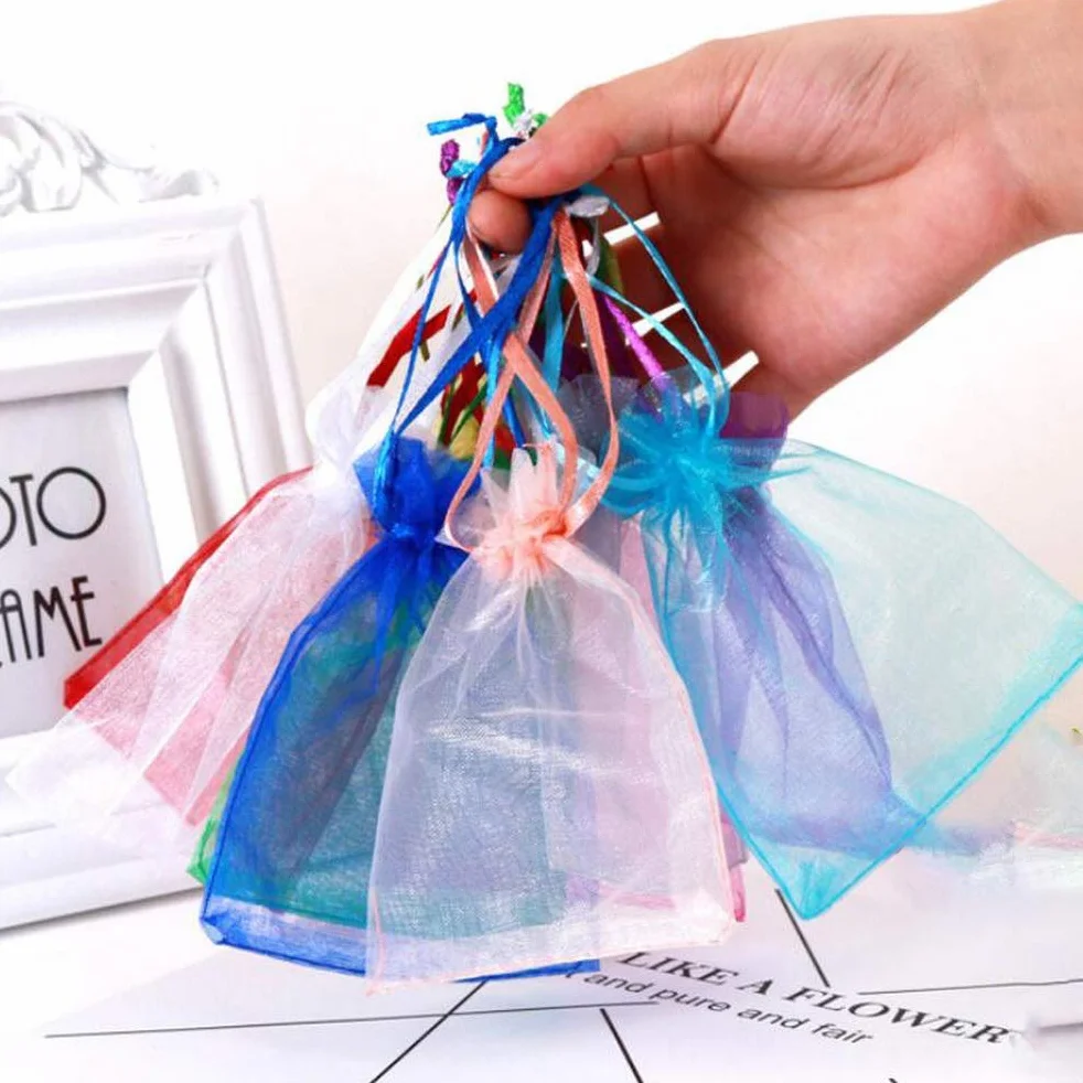 Woreczki z organzy 7 x 9 cm, 100 sztuk, kolorowe torebki na biżuterię ze sznurkiem do ściągania