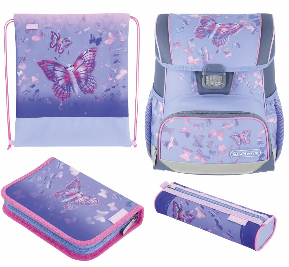 Herlitz Tornister Dziecięcy LoopButtefly Paradise z wyposażeniem | Plecak Szkolny jednokomorowy | Organizer Dla Ucznia Dzieci | Sztywne Plecy | Szkolna Torba na Plecy | Wytrzymały 16l, 950g, kl.1-3