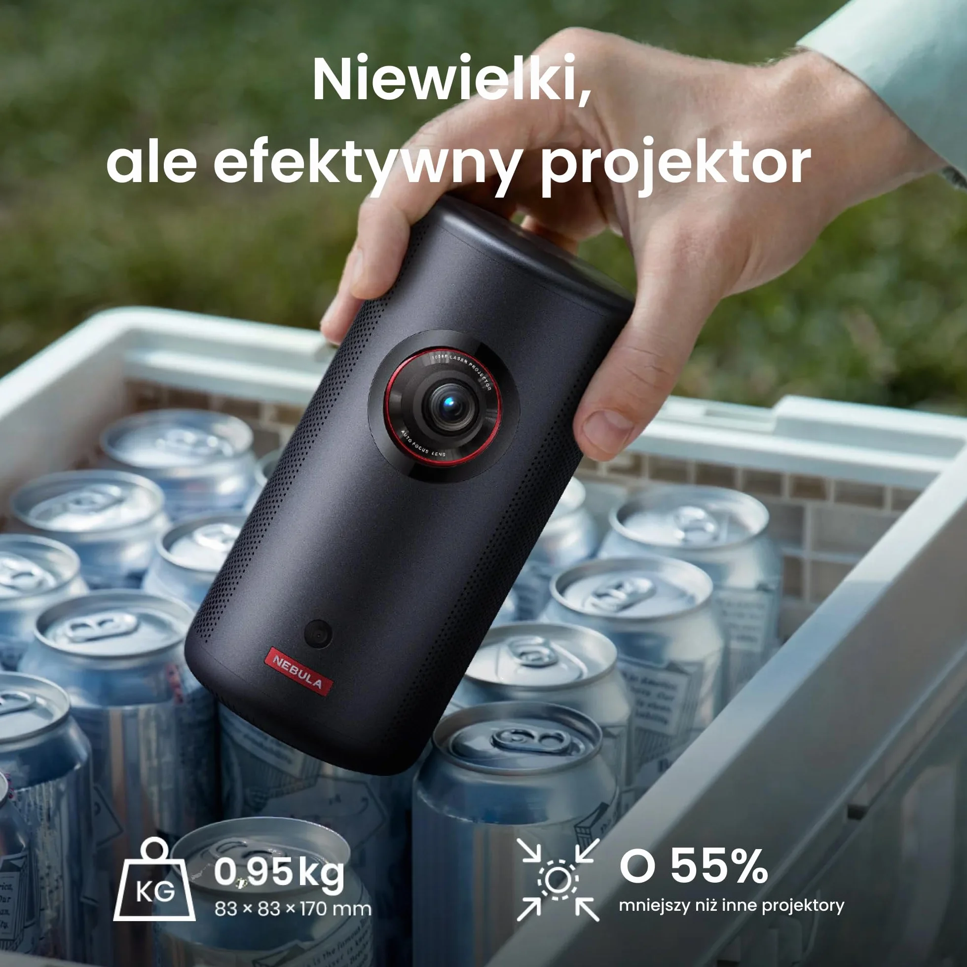 Projektor laserowy NEBULA Capsule 3 GTV, 300 lumenów ANSI, mini projektor Smart TV 1080p z Wi-Fi, mobilny do użytku na zewnątrz, Dolby Digital, projektor laserowy, autofokus, obraz 120 cali