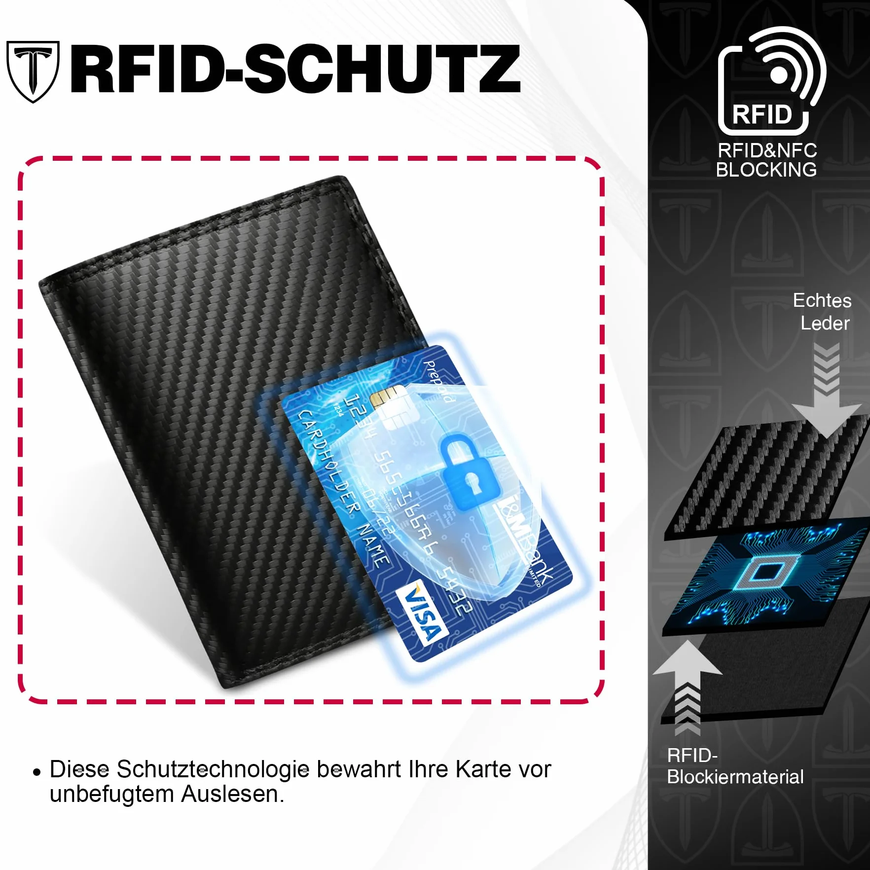 TEEHON Męski pionowy portfel ze skóry węglowej blokujący RFID z 11 gniazdami, 2 okienkami identyfikacyjnymi, uchwyt na monety, 2 przegródki, trzykrotny