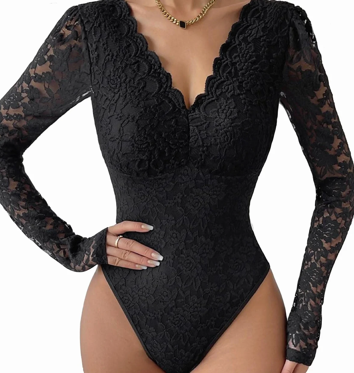 SHEKINI Damskie przezroczyste koronkowe body z długim rękawem body damskie eleganckie body damskie koronkowe z zapiekanym brzegiem dekolt w serek bielizna modelująca seksowna bielizna