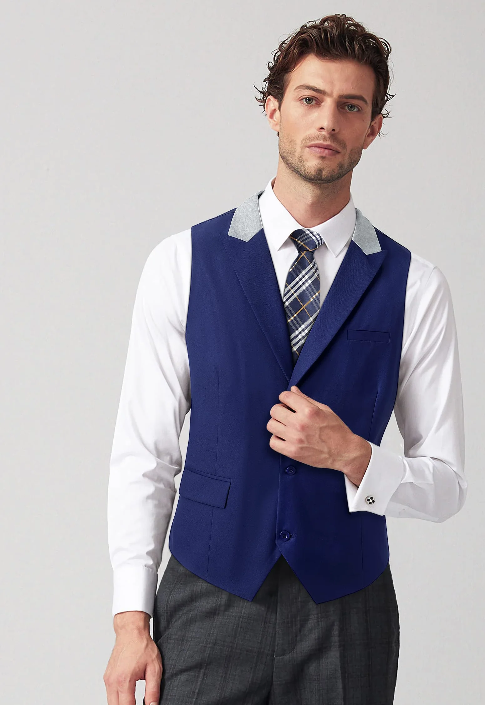 HISDERN Męska kamizelka bez rękawów, klasyczna kamizelka z formalnym klapą z 3 kieszeniami na Boże Narodzenie ślub, XS-4XL