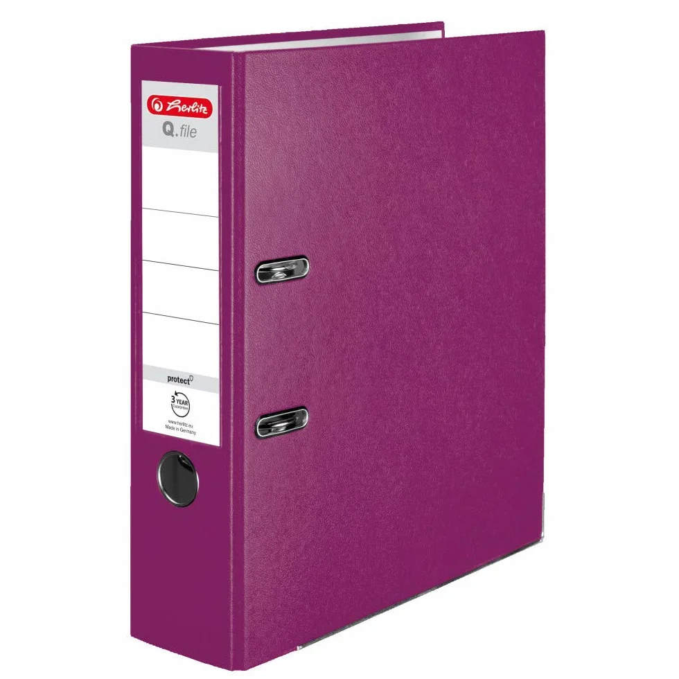 Herlitz Segregator Q.file | Grzbiet 8 cm | Powelkany Folią PP | Organizer Biurowy na Dokumenty A4 | Wymienna etykieta | Mechanizm dźwigniowy z listwą dociskową | Mieści 600 Kartek | jagodowy