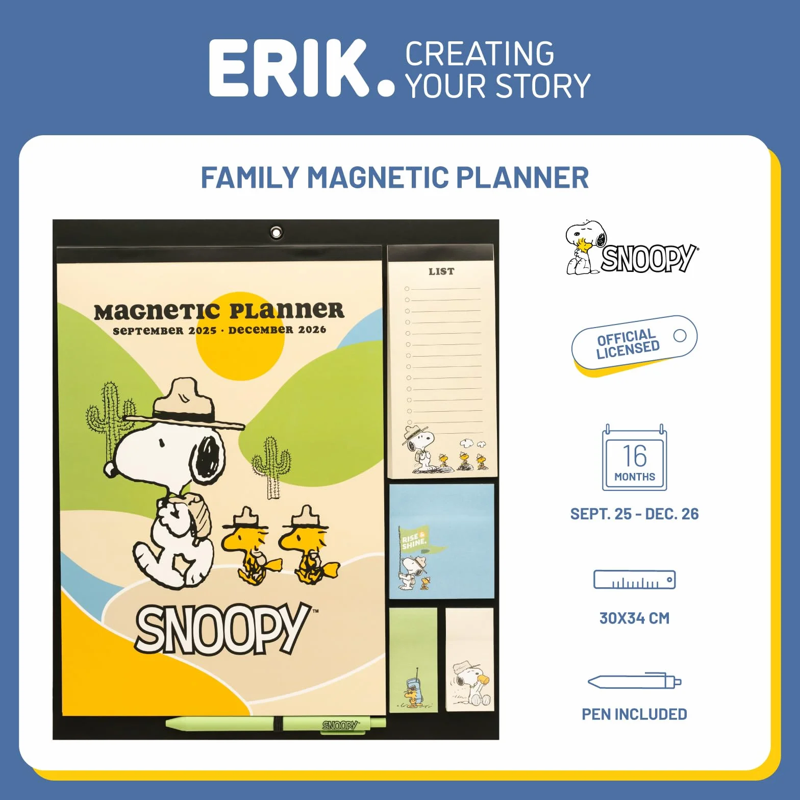 Grupo Erik Magnetic Planner For Fridge - Snoopy Gifts For Family | Magnetic Calendar With Stickers, Pen, Shopping List, Sticky Notes | Family Planner 2026 16 Months Sep 2025 - Dec 2026