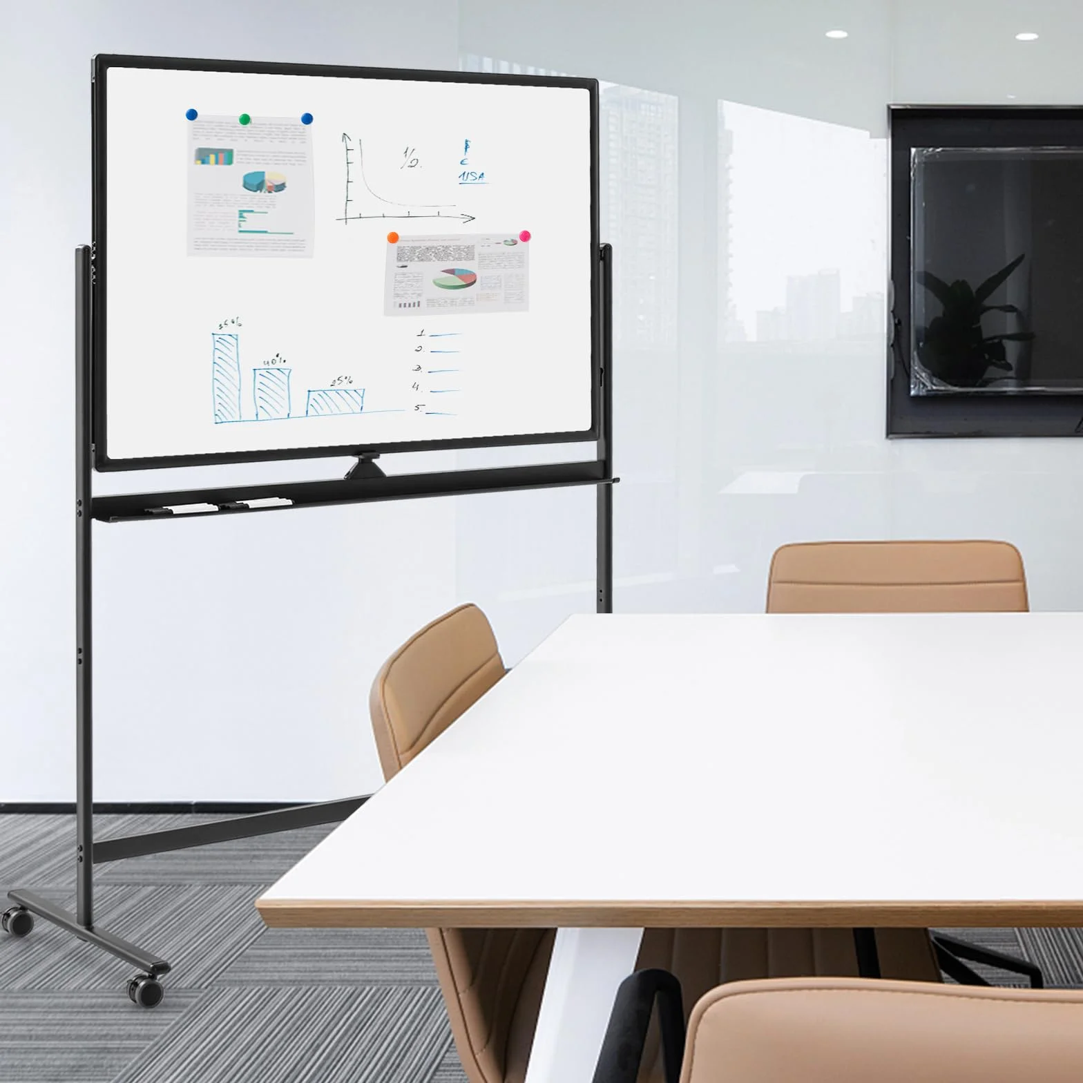 COSTWAY Dwustronna przenośna tablica suchościeralna, 120 x 80 cm, magnetyczna tablica suchościeralna z kółkami, stojakiem i półką na długopisy, w zestawie akcesoria do szkoły, biura, domu